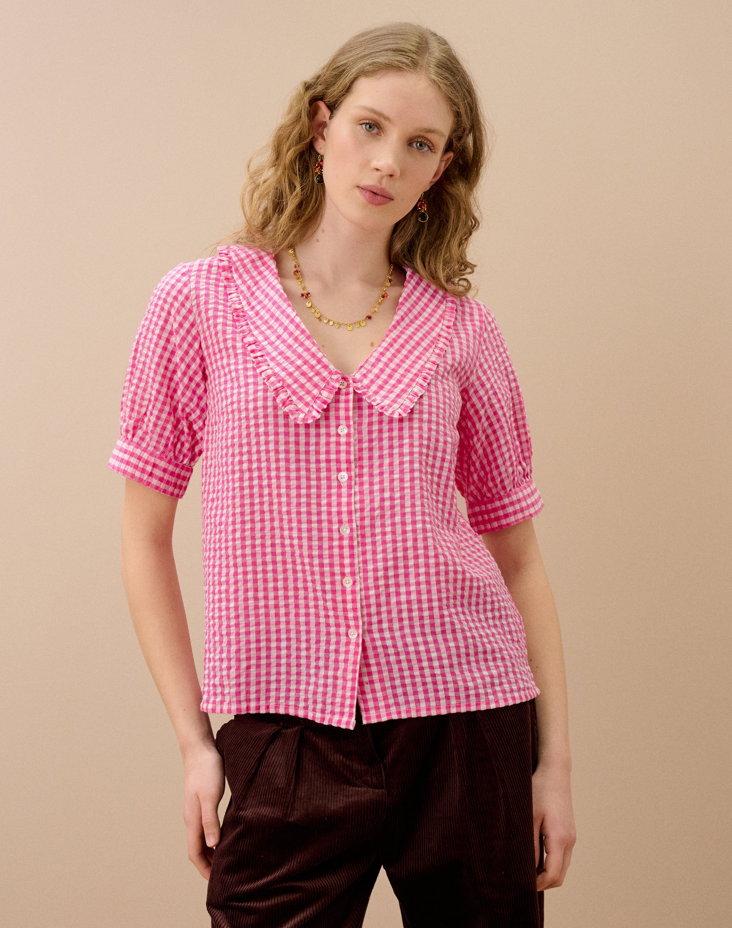 Cotton Gingham Chelsea Collar Blouse