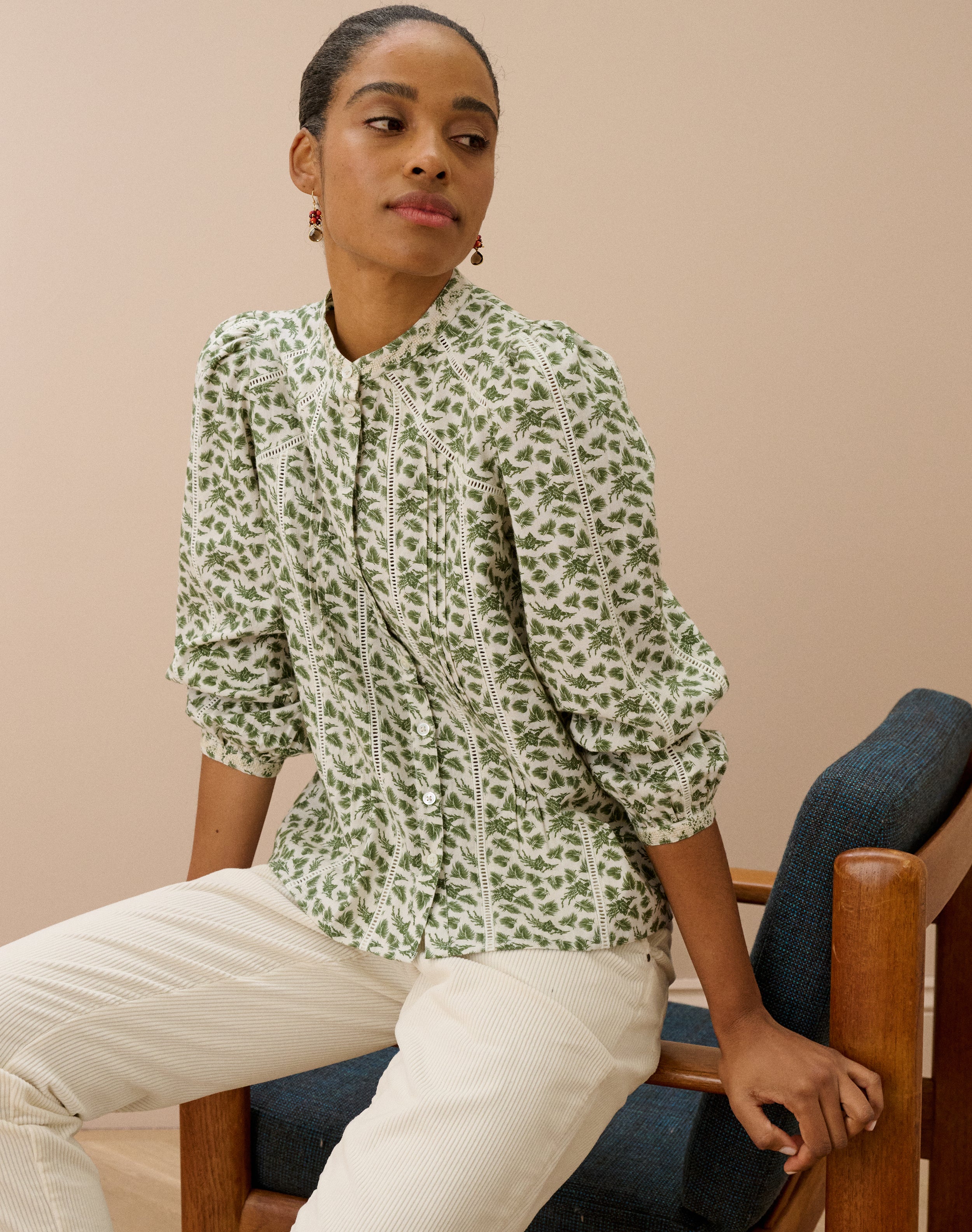 Brushed Cotton Feather Print Blouse