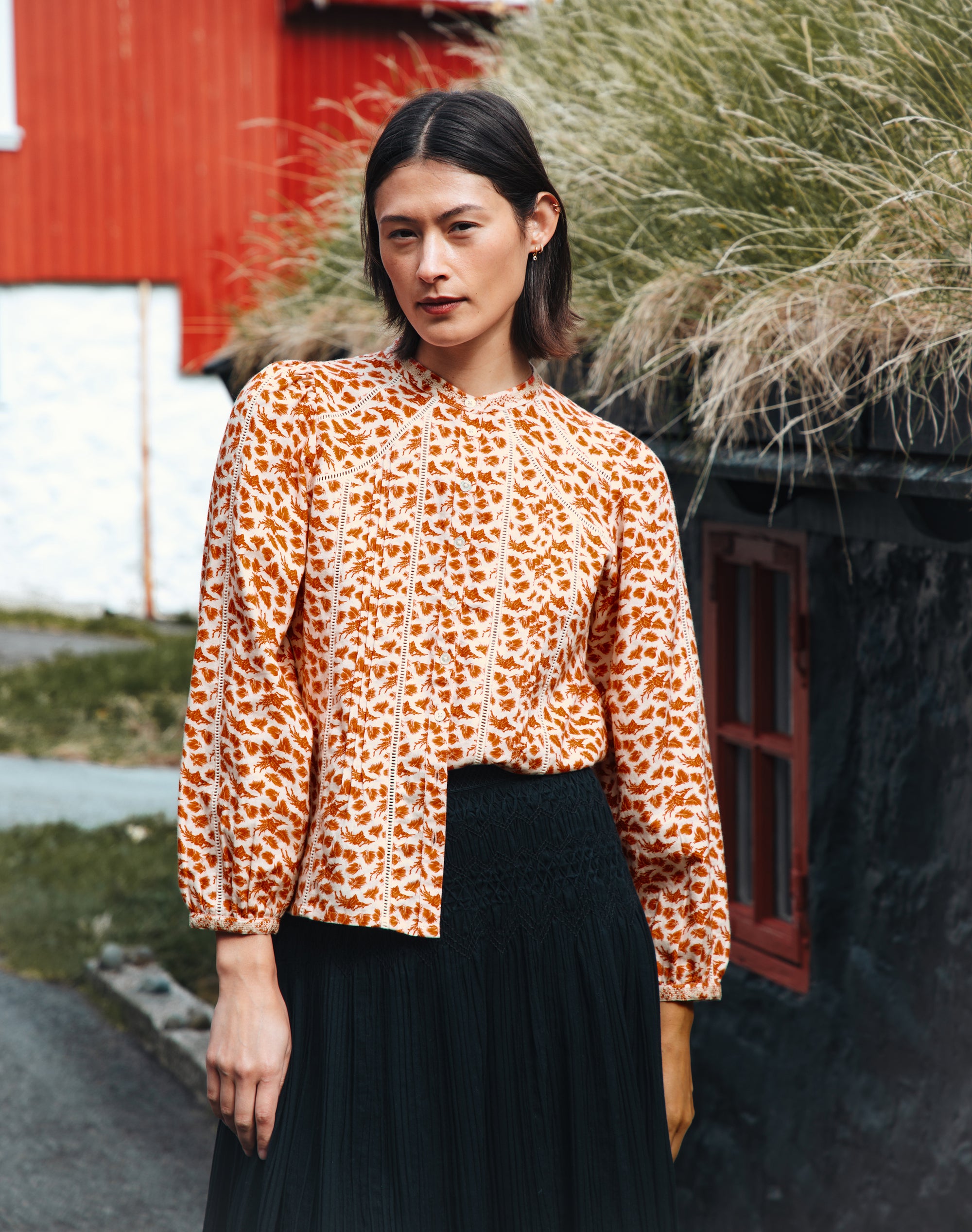 Brushed Cotton Feather Print Blouse
