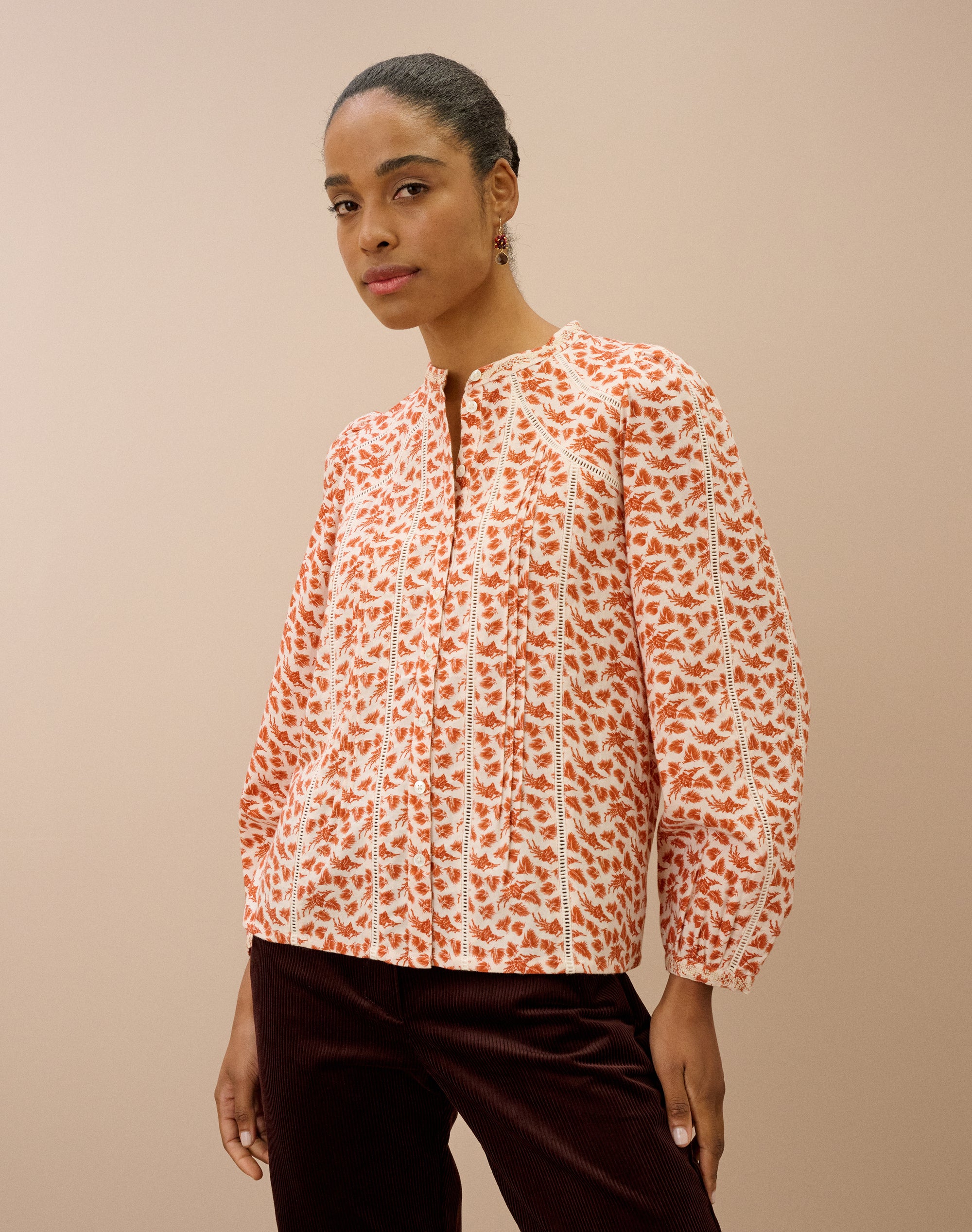Brushed Cotton Feather Print Blouse