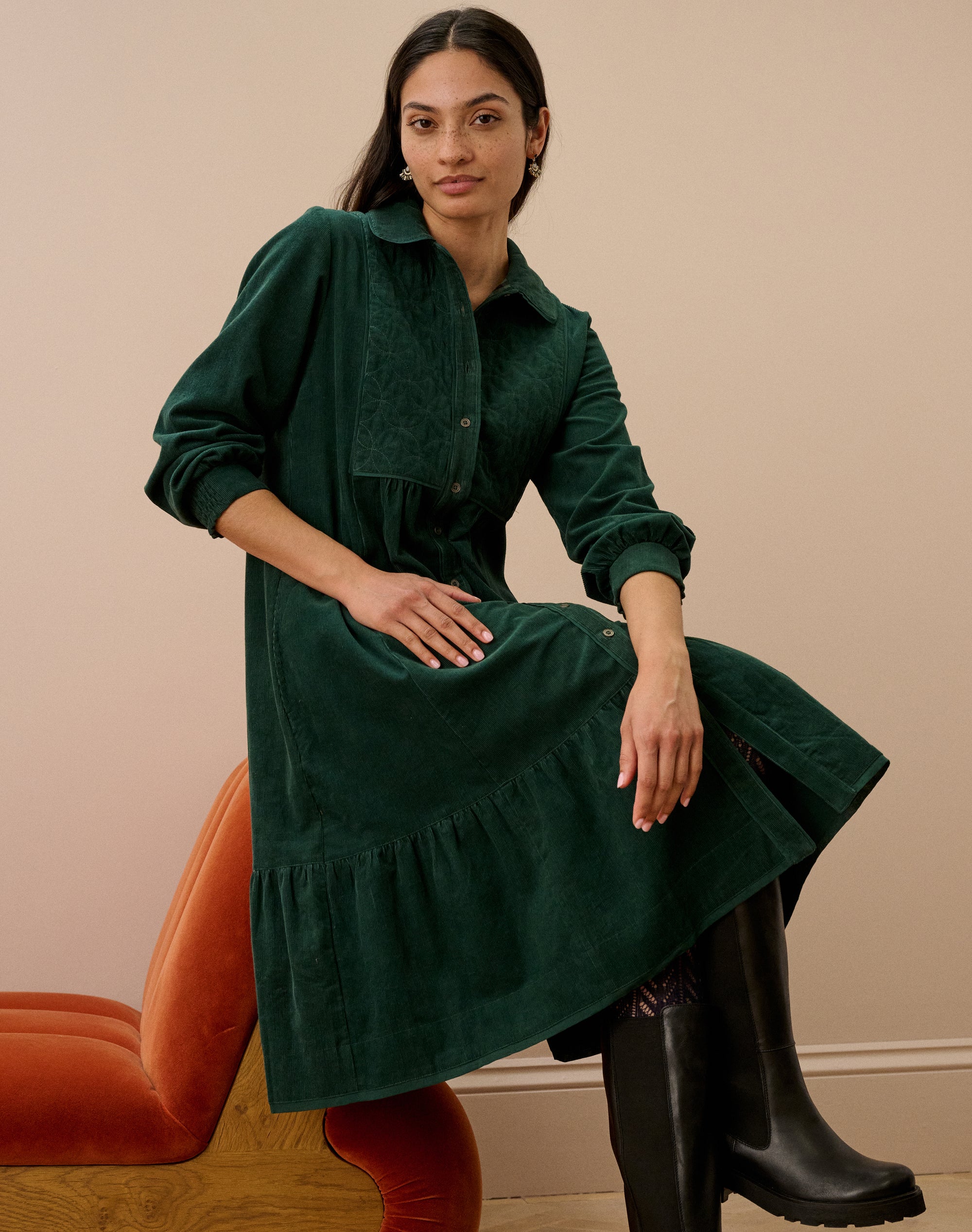 Organic Corduroy Quilted Yoke Dress