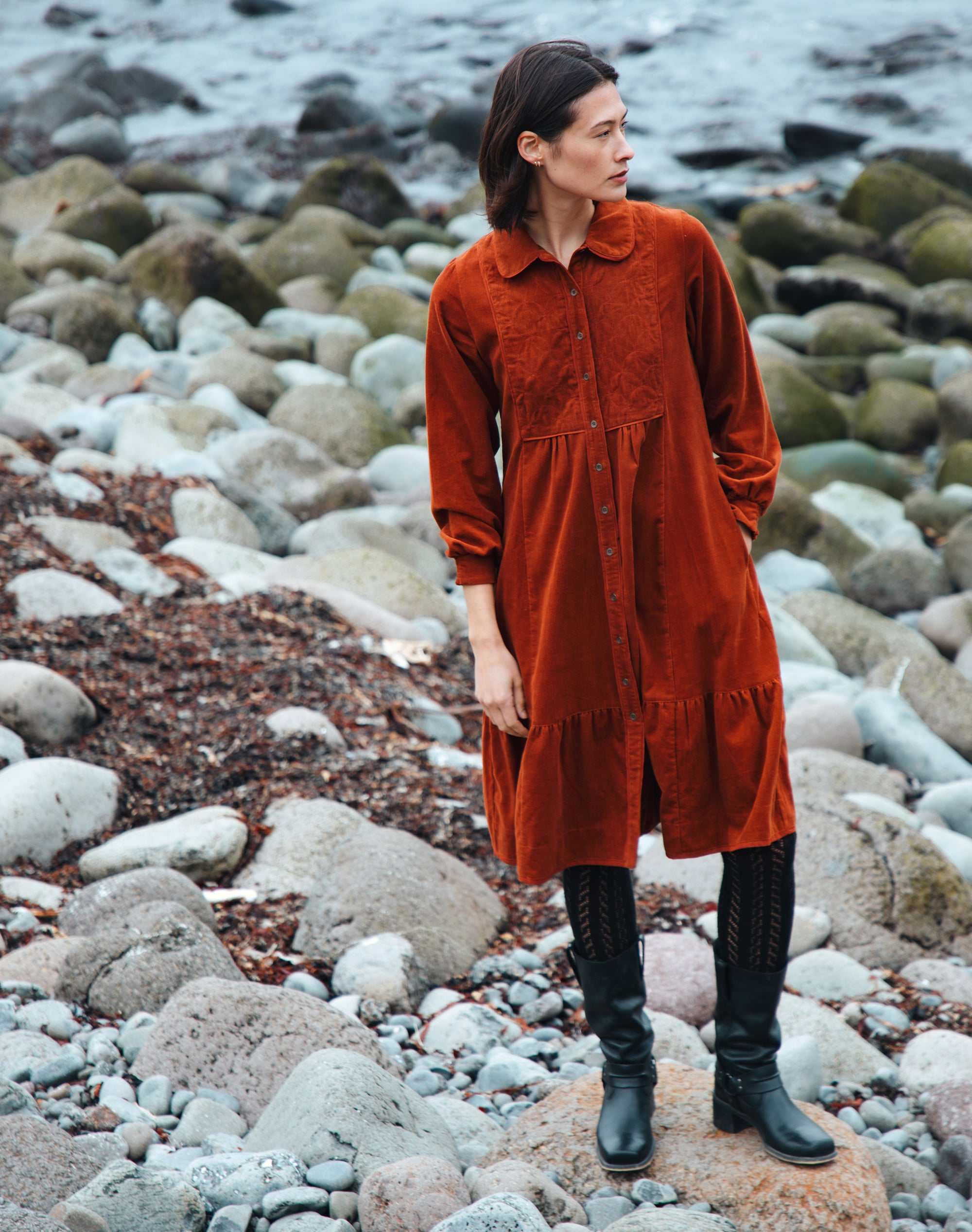 Organic Corduroy Quilted Yoke Dress