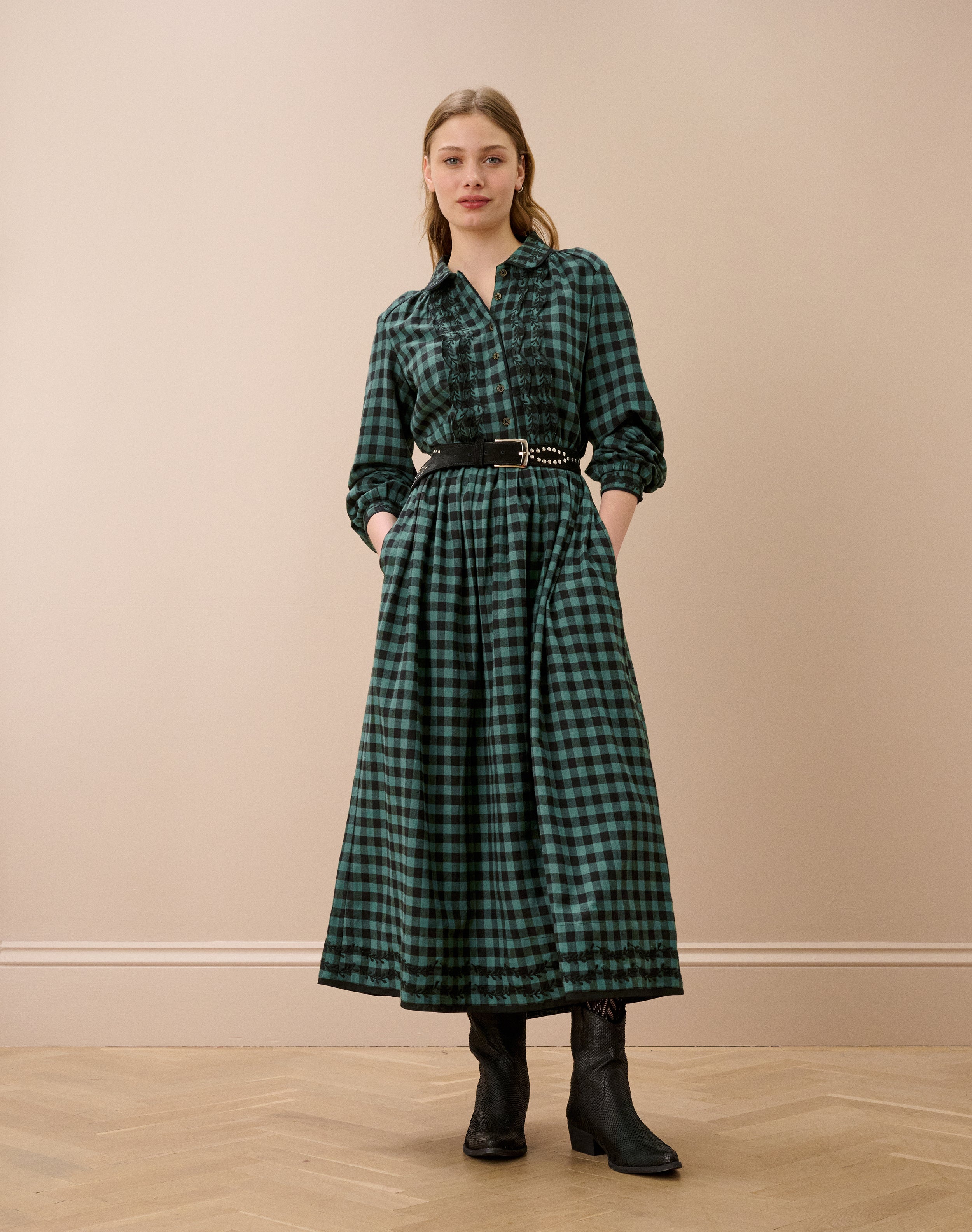 Brushed Cotton Gingham Embroidered Dress