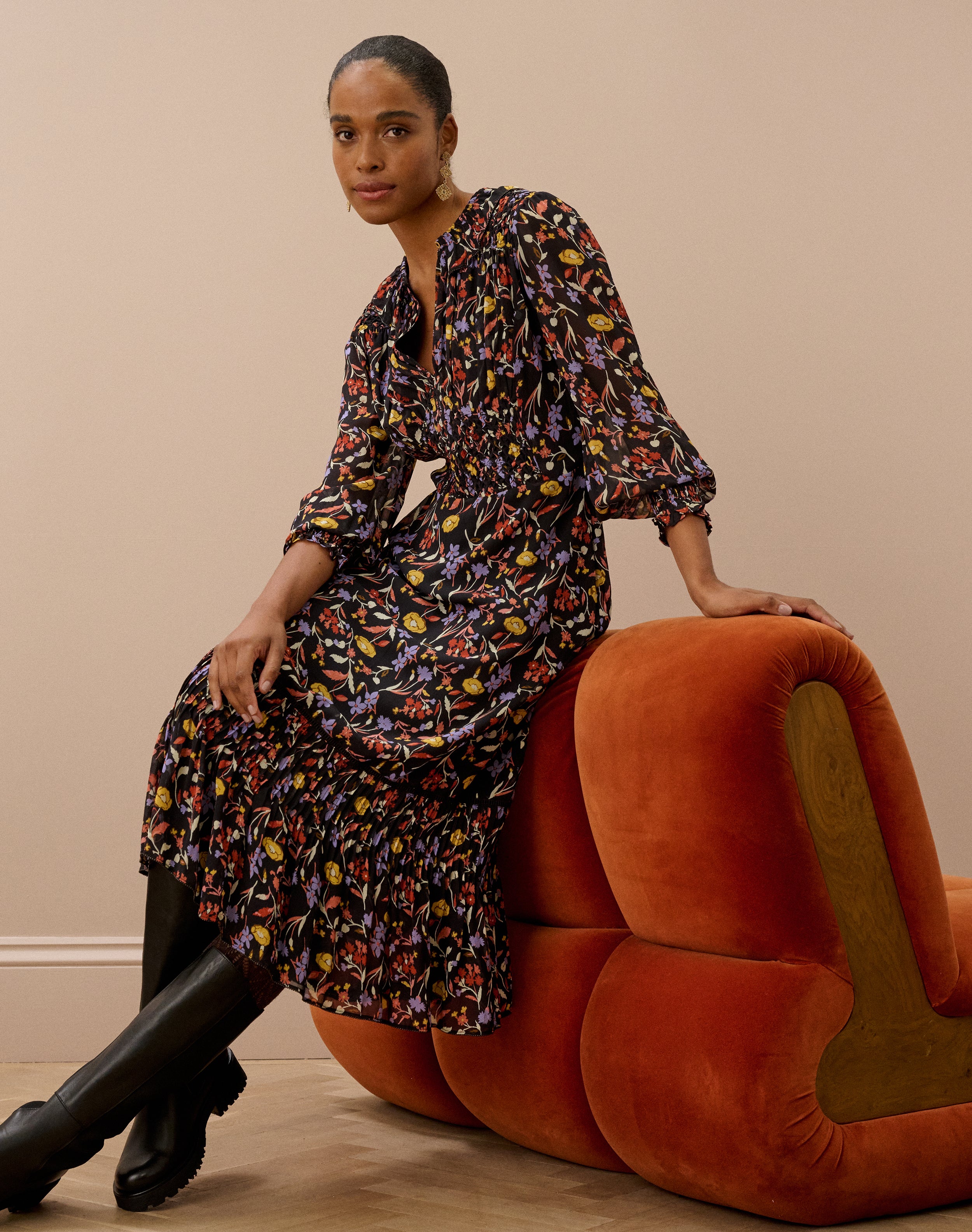 Silk Bouquet Print Smocked Dress
