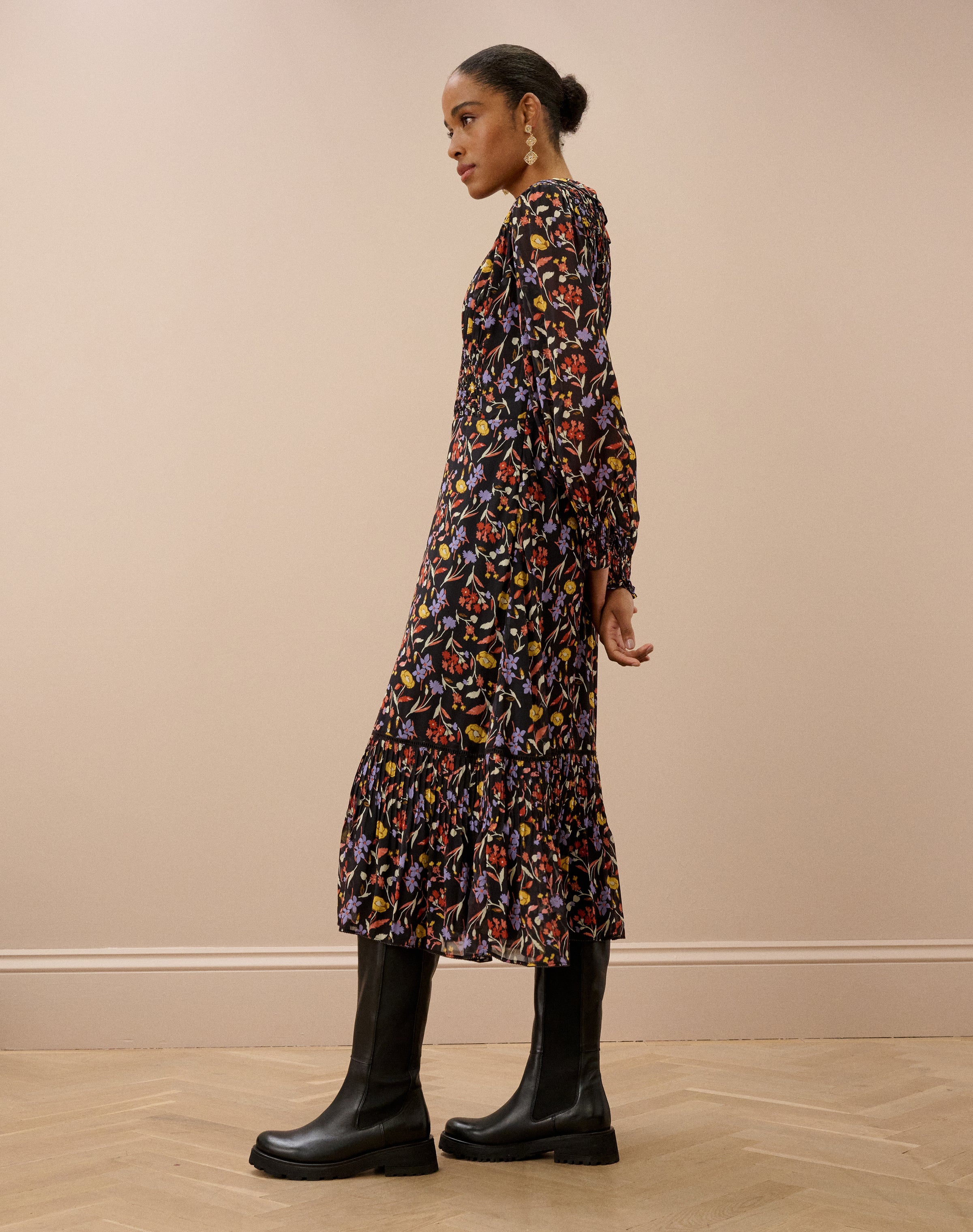 Silk Bouquet Print Smocked Dress