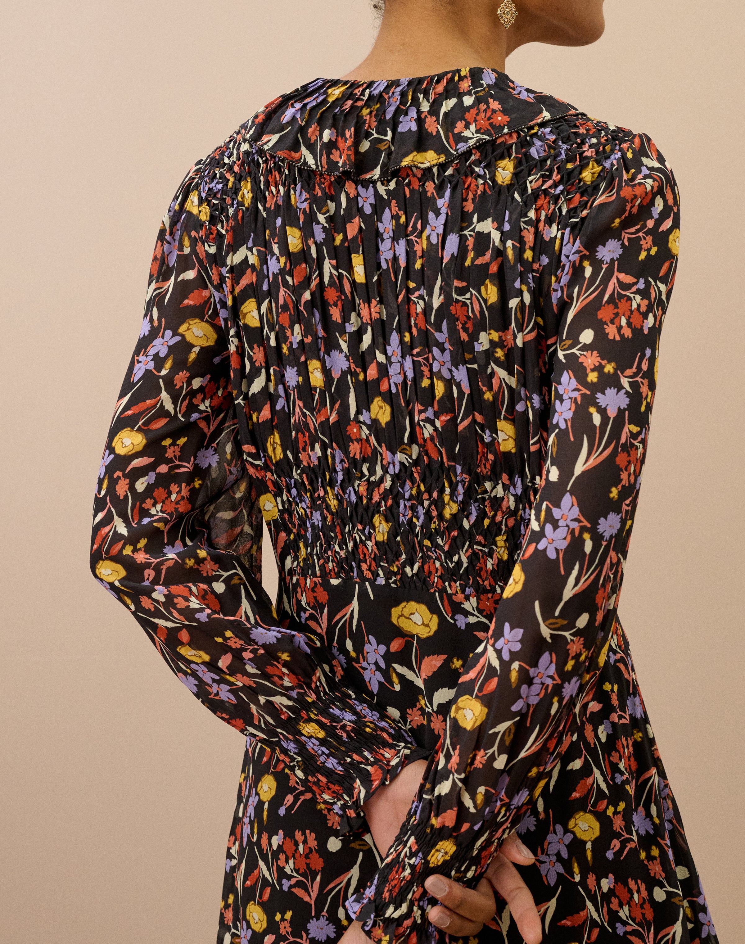 Silk Bouquet Print Smocked Dress