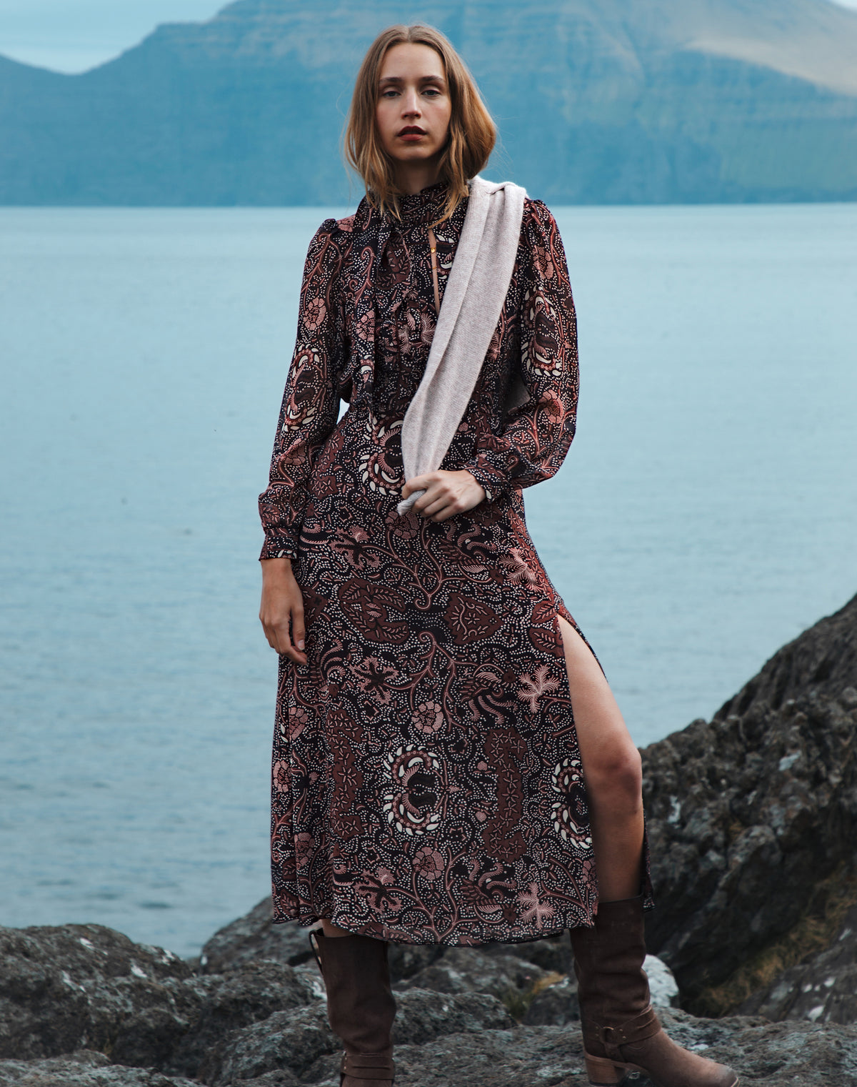 Silk Batik Print Tie Neck Dress