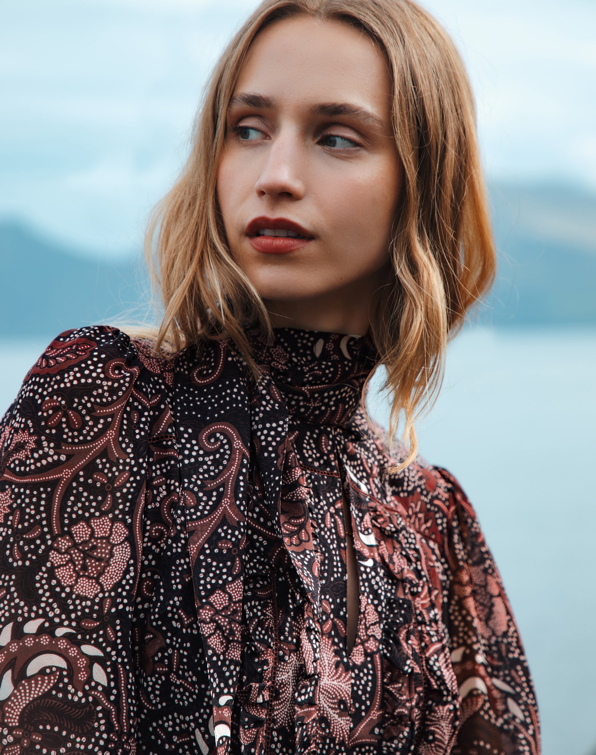 Silk Batik Print Tie Neck Dress