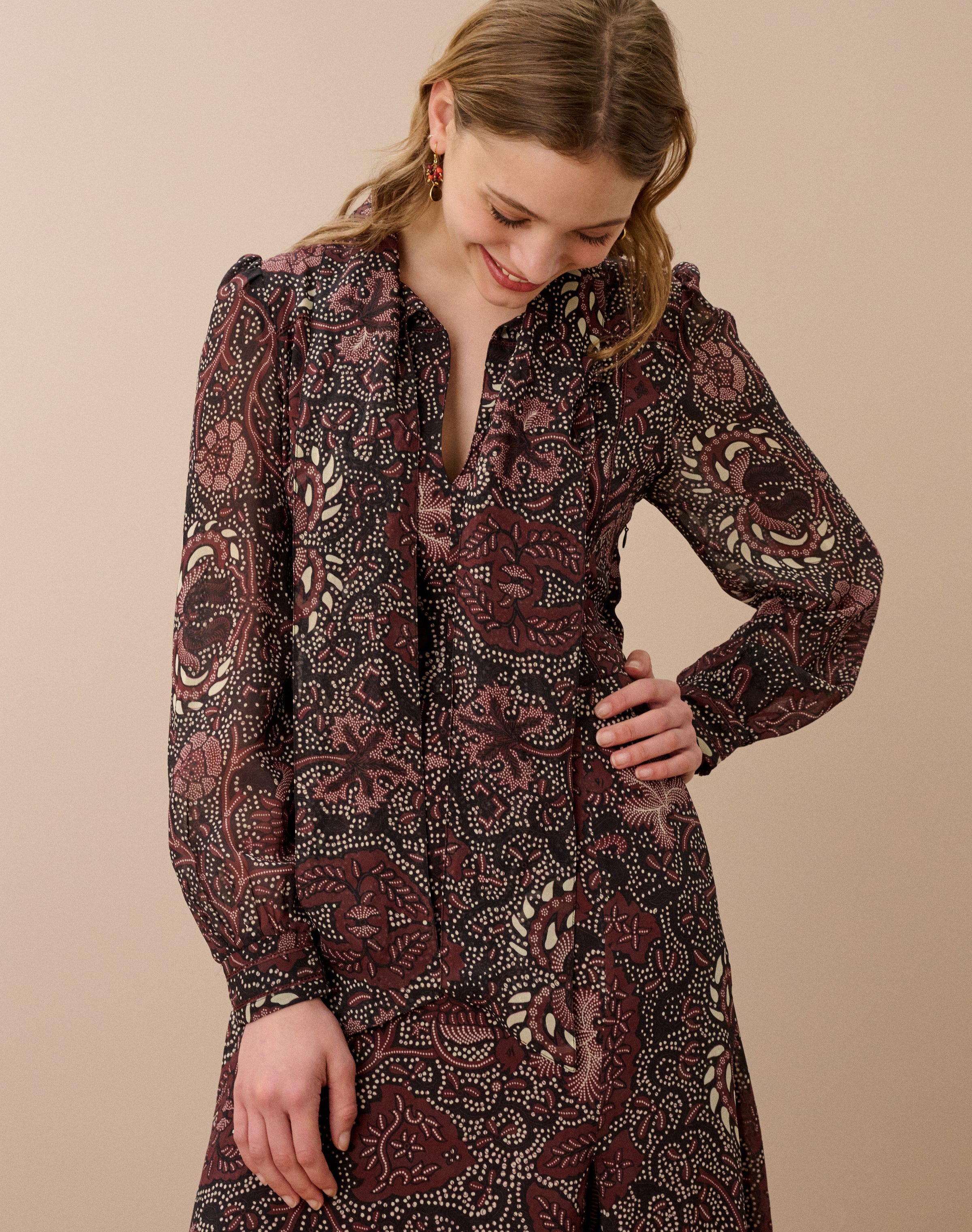Silk Batik Print Tie Neck Dress