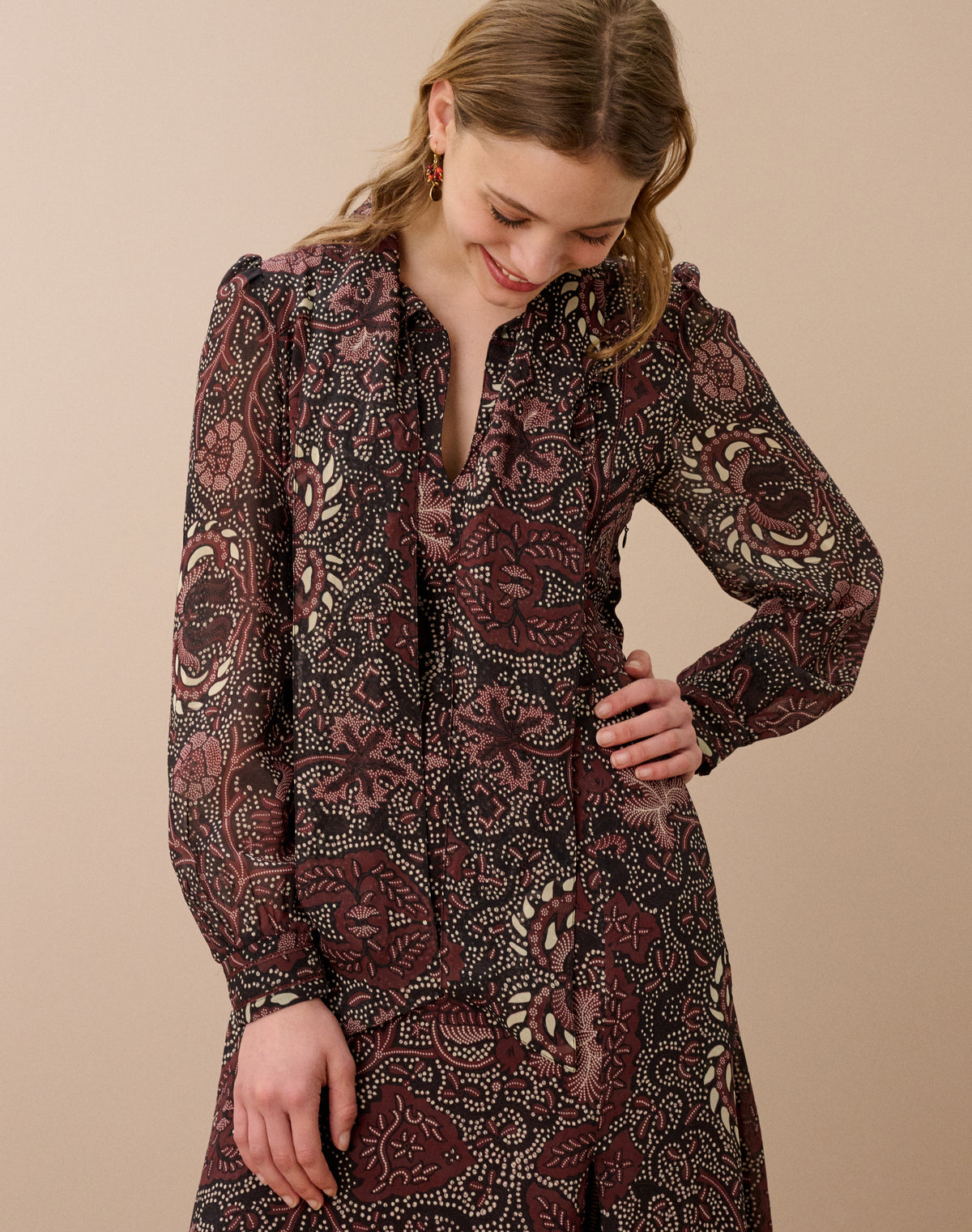 Silk Batik Print Tie Neck Dress