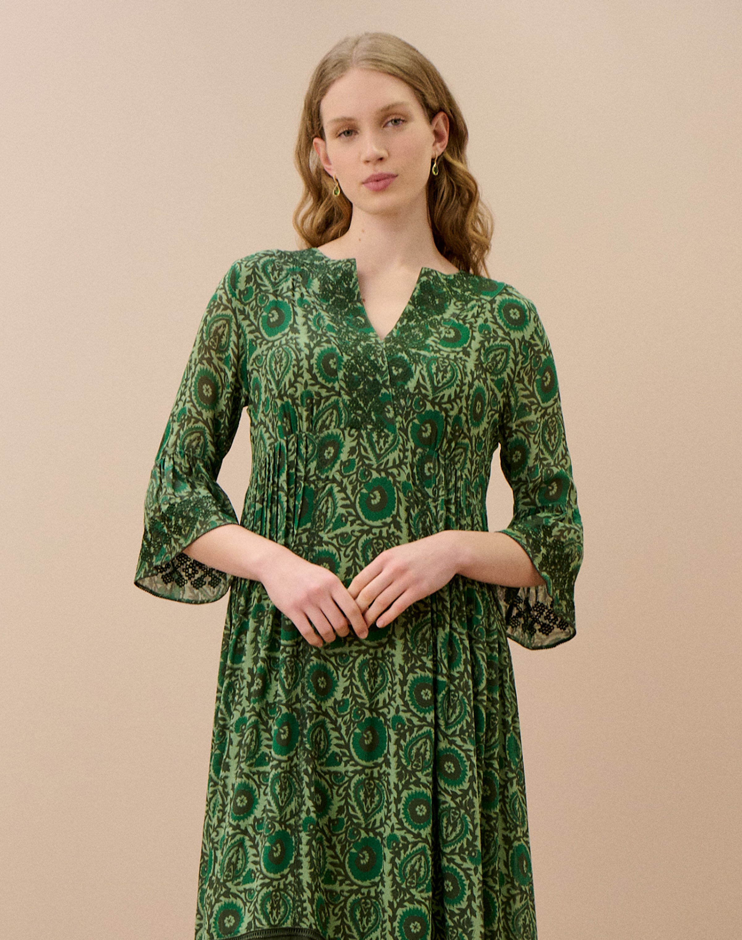 Silk Embroidered Pintuck Dress