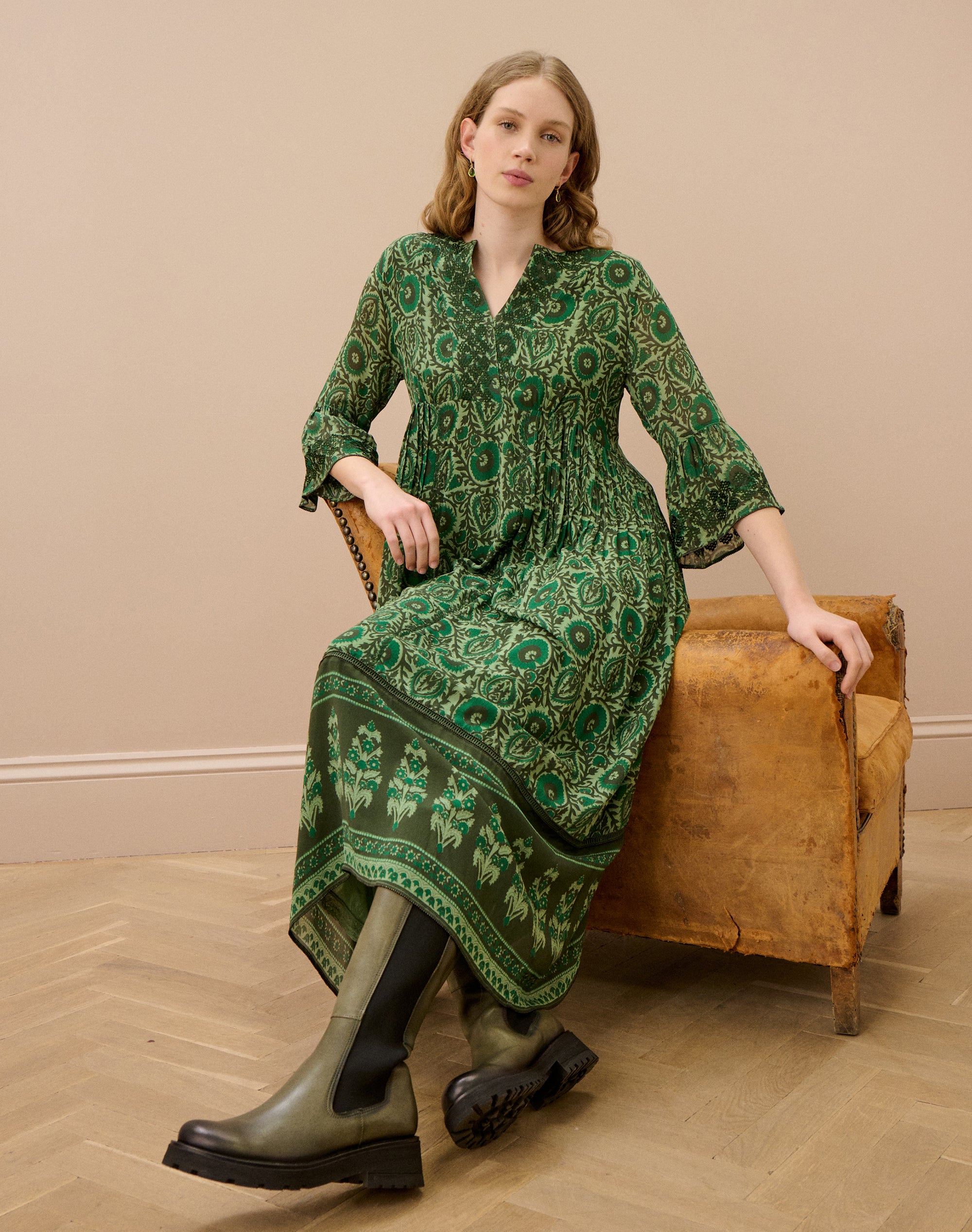 Silk Embroidered Pintuck Dress