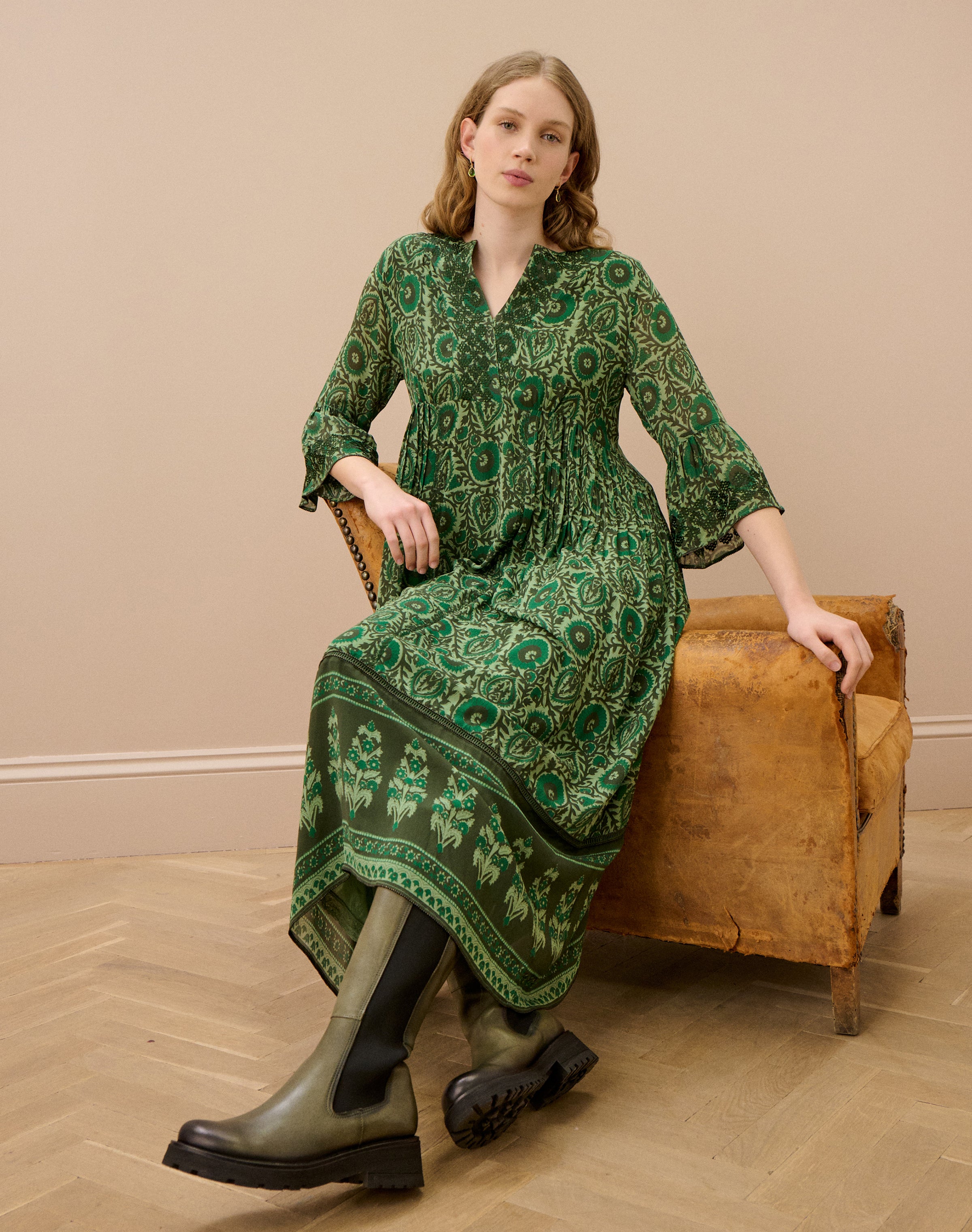 Silk Embroidered Pintuck Dress