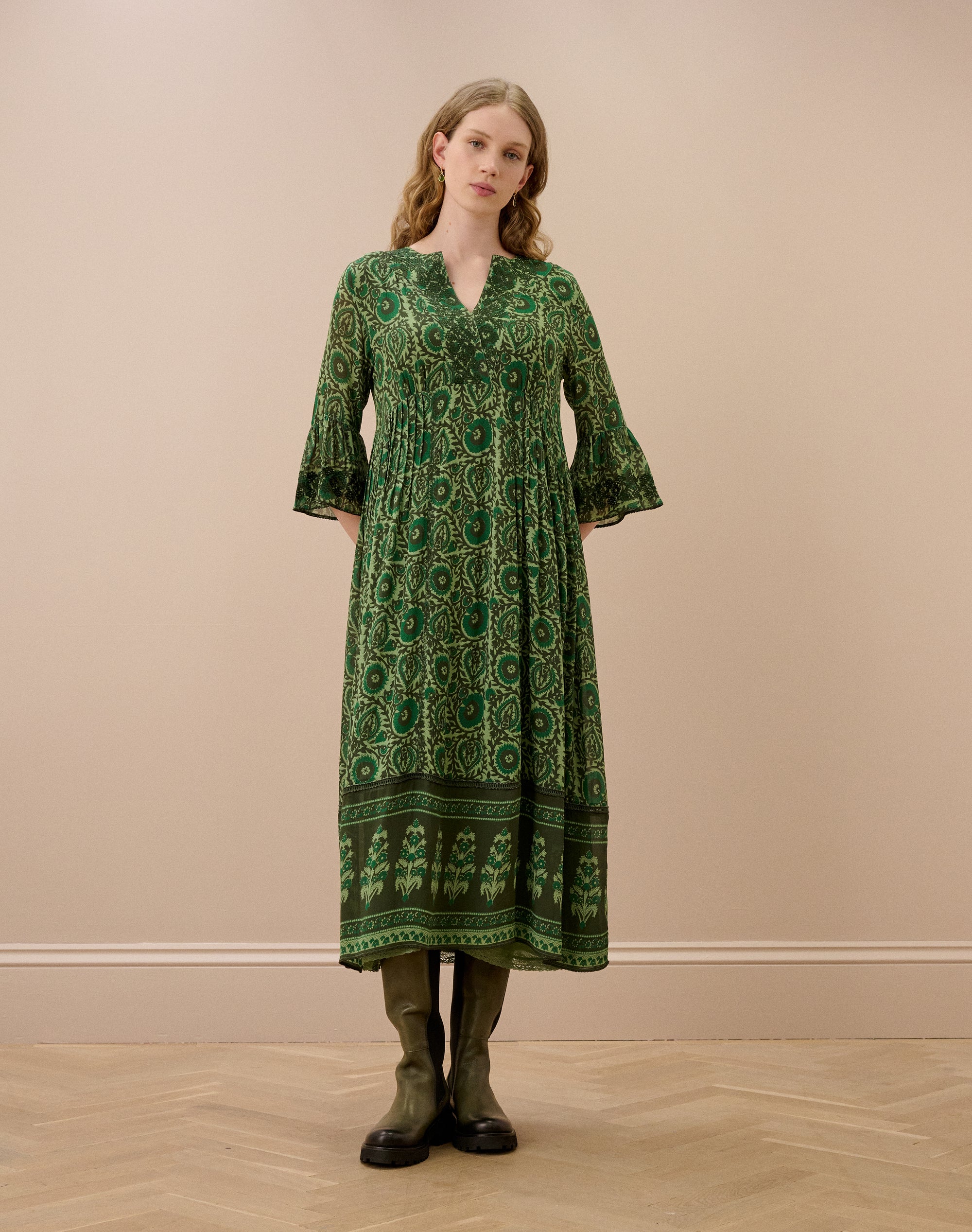 Silk Embroidered Pintuck Dress