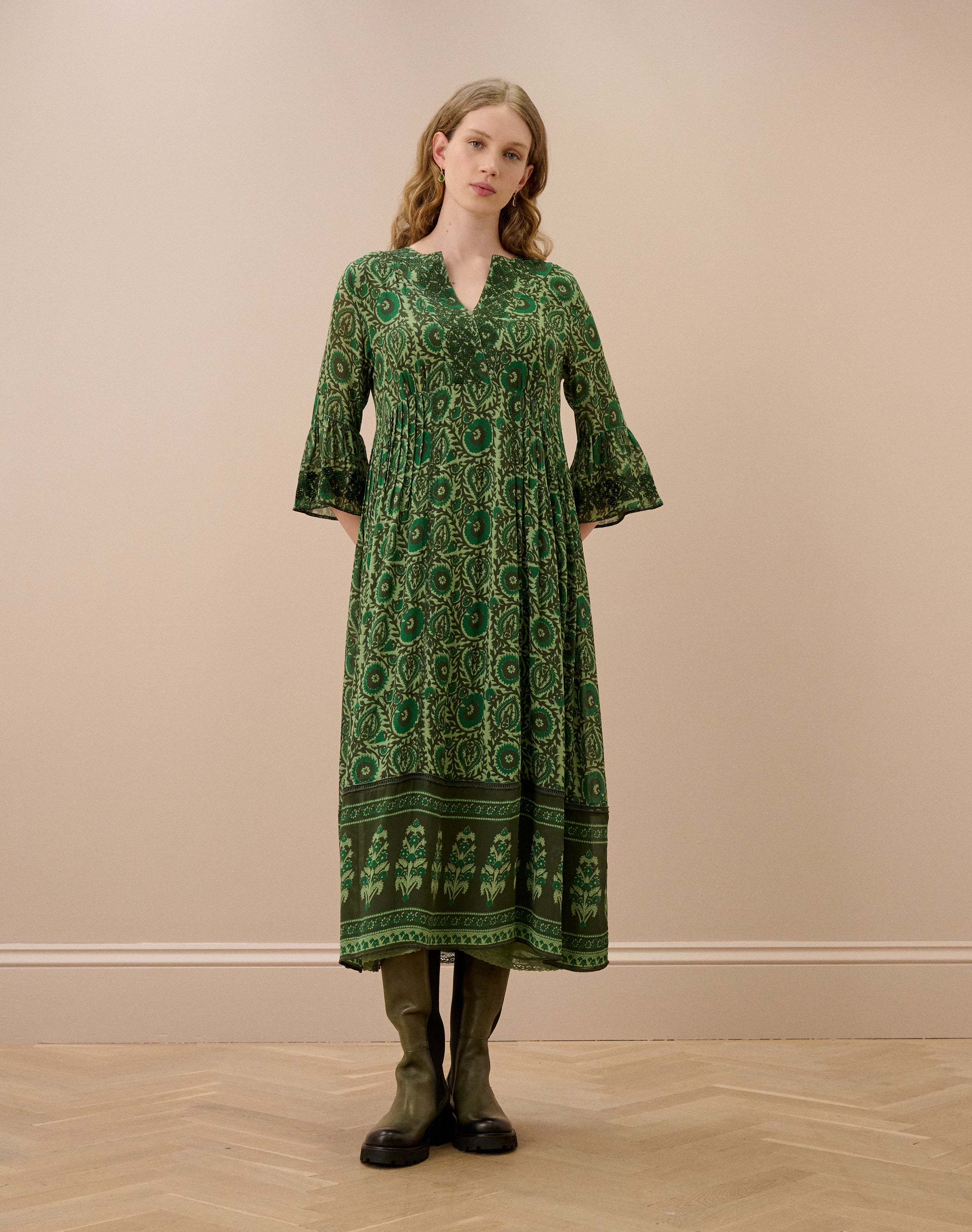 Silk Embroidered Pintuck Dress