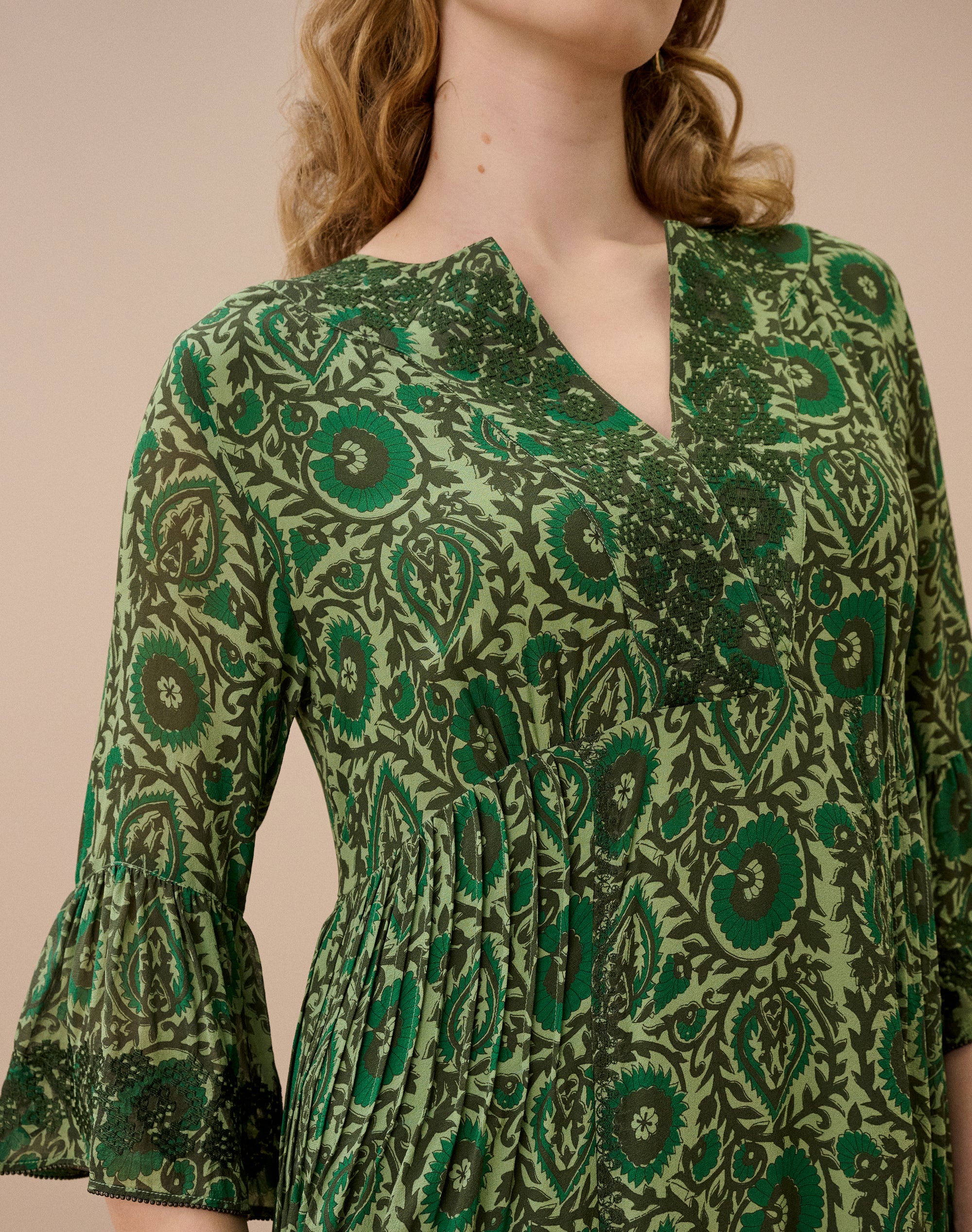 Silk Embroidered Pintuck Dress