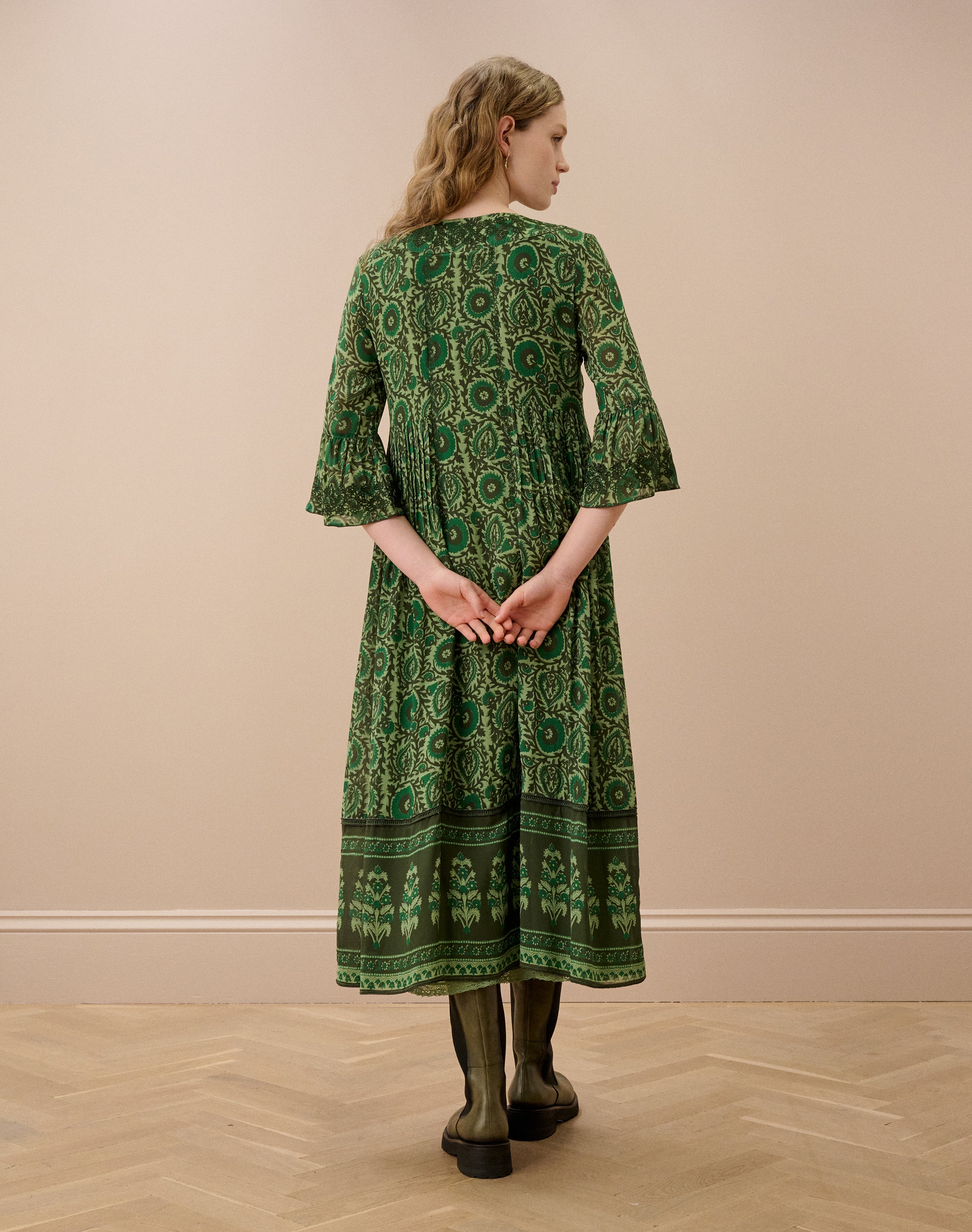 Silk Embroidered Pintuck Dress