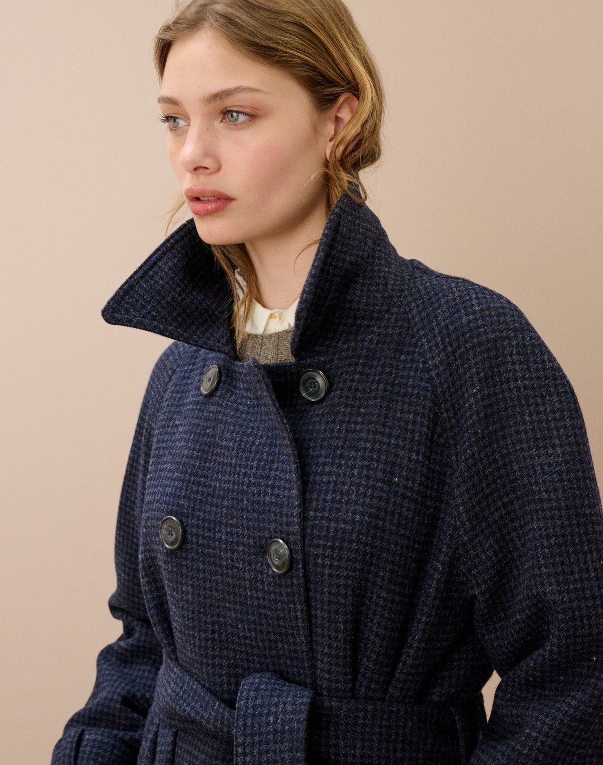 Houndstooth Wool Trench Coat