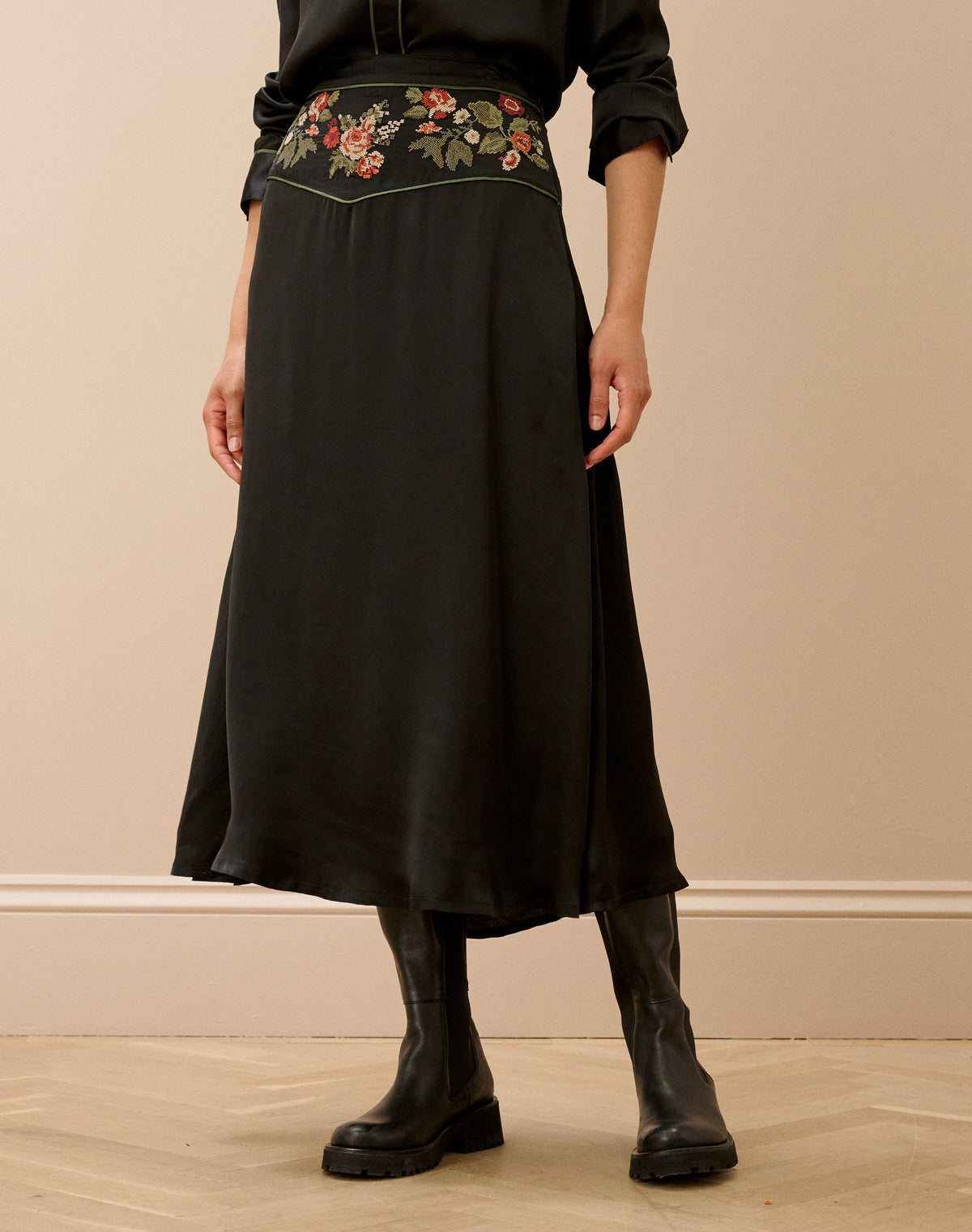 Embroidered Satin Skirt