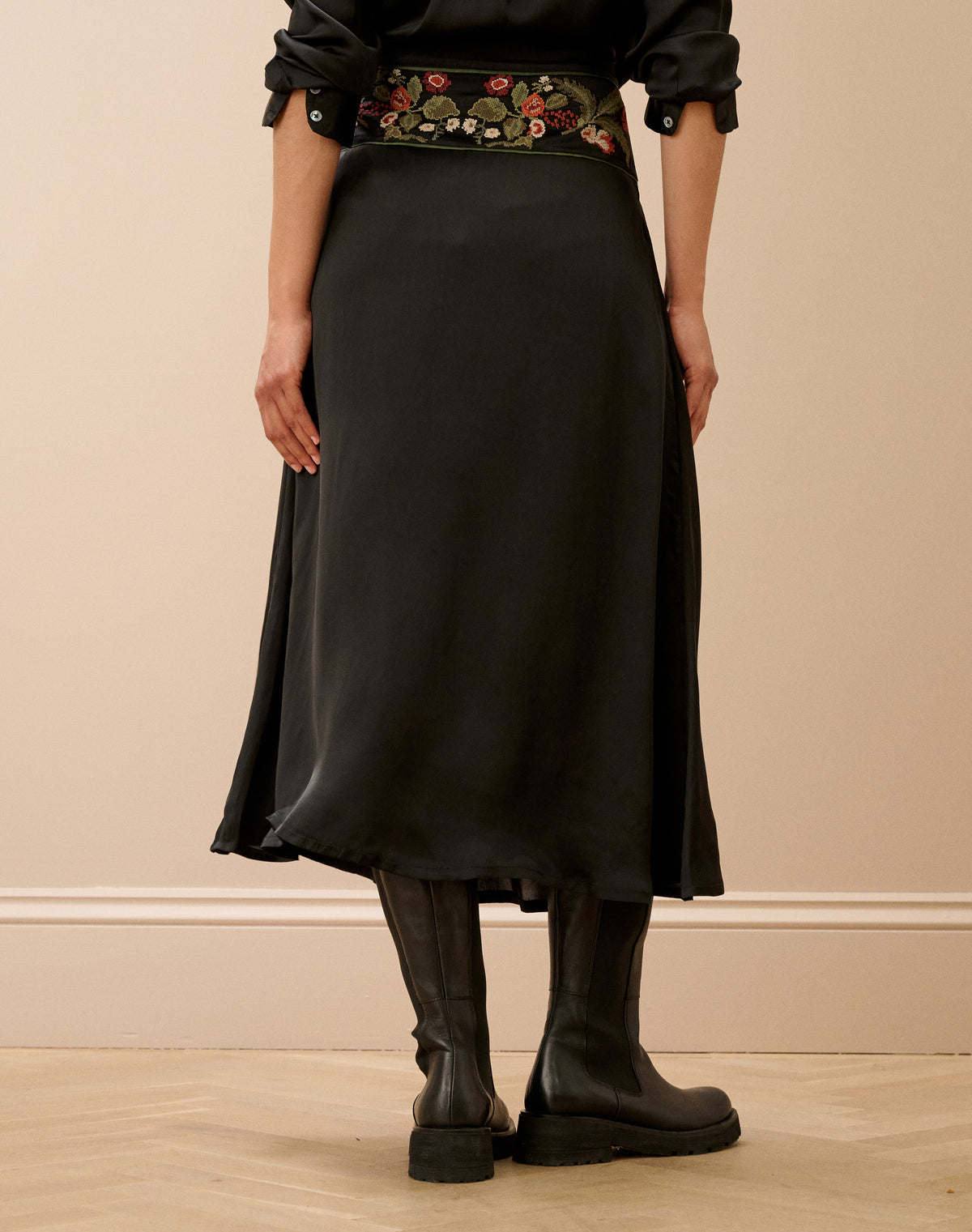 Embroidered Satin Skirt