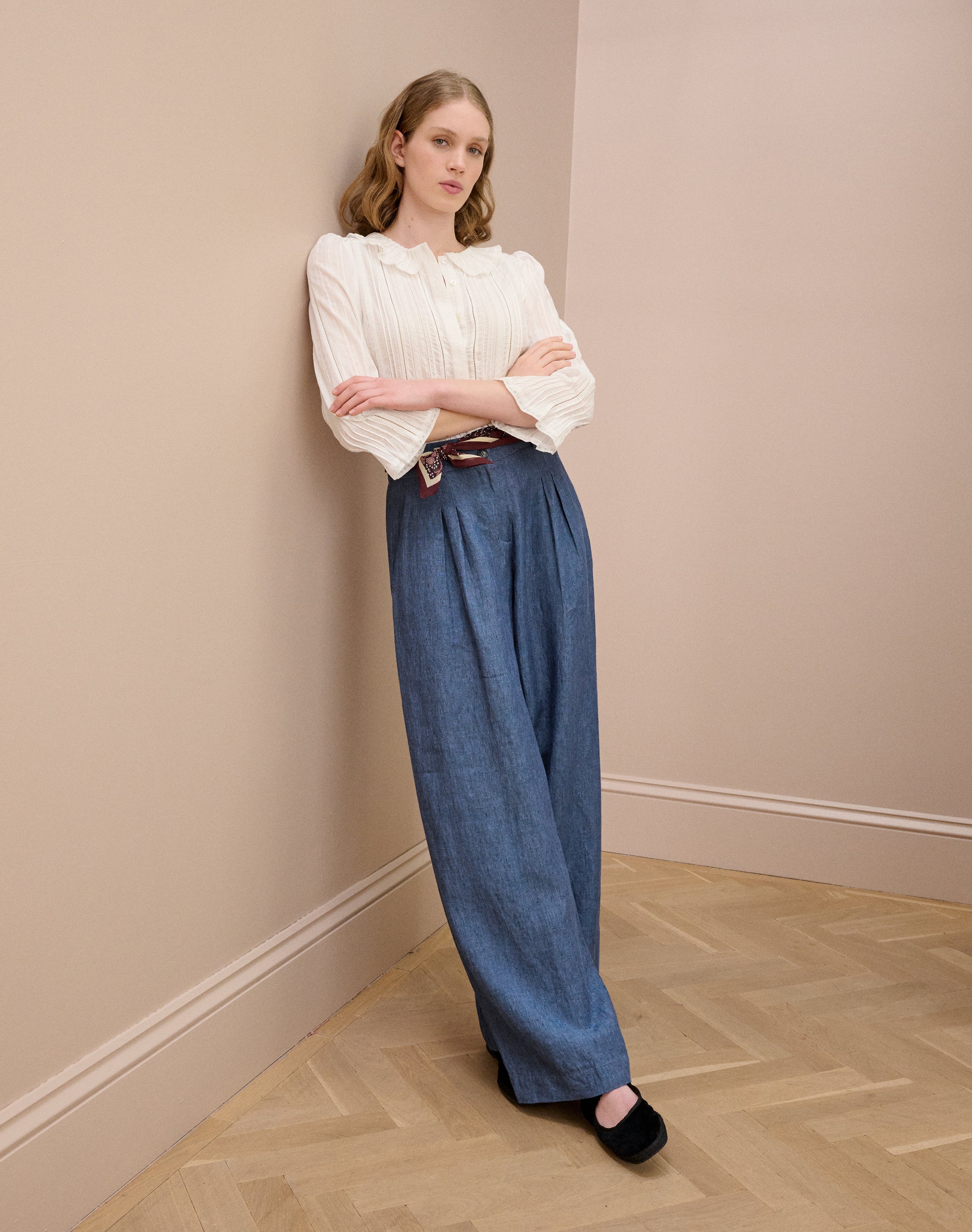 Cross Weave Linen Wide Leg Trousers