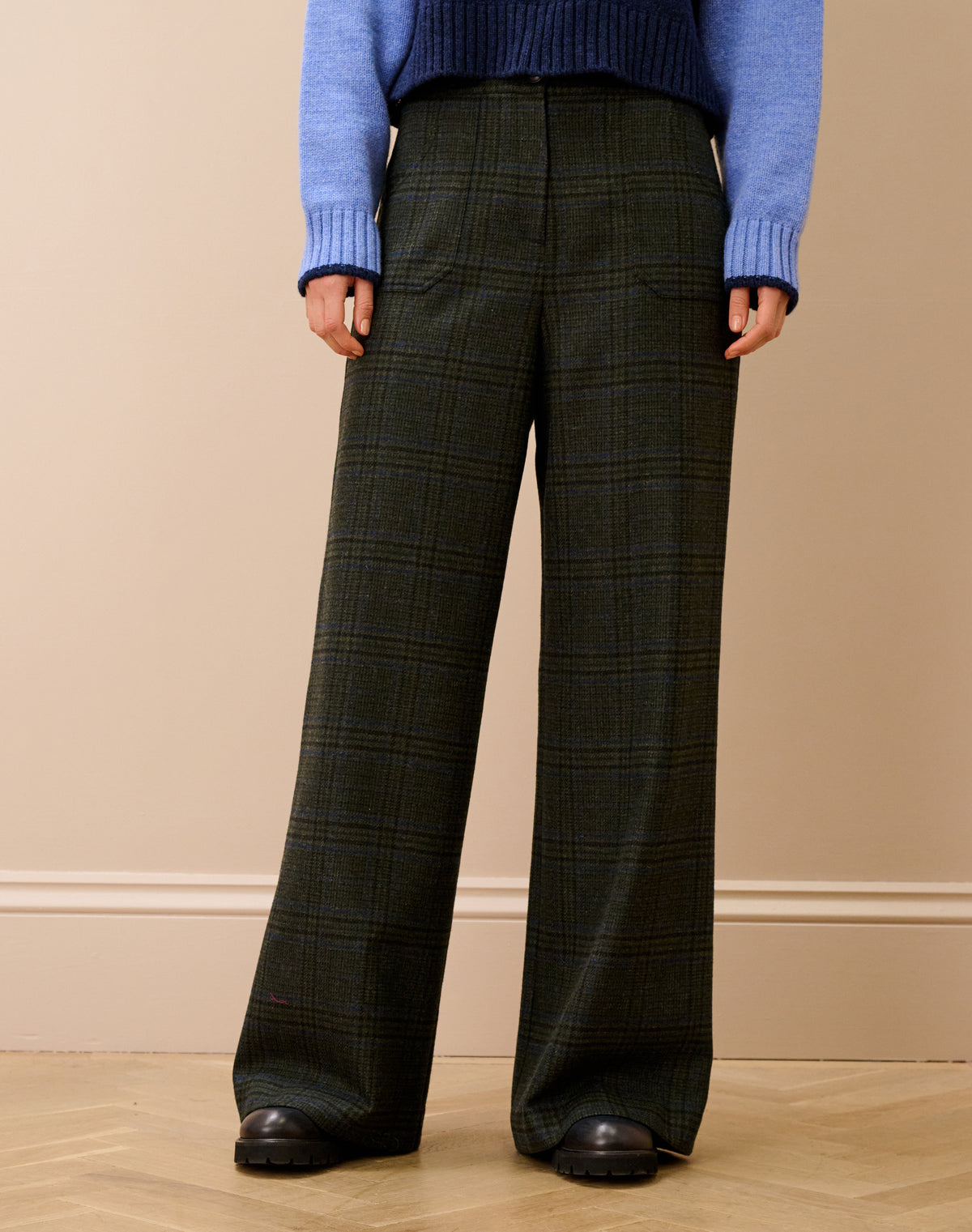 Check Wool Wide Leg Trousers