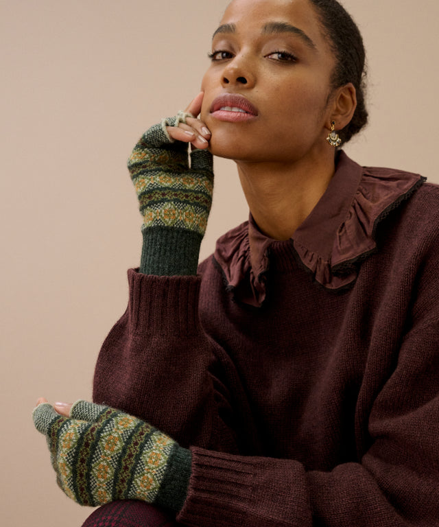 Women's Cashmere Folk Fingerless Gloves