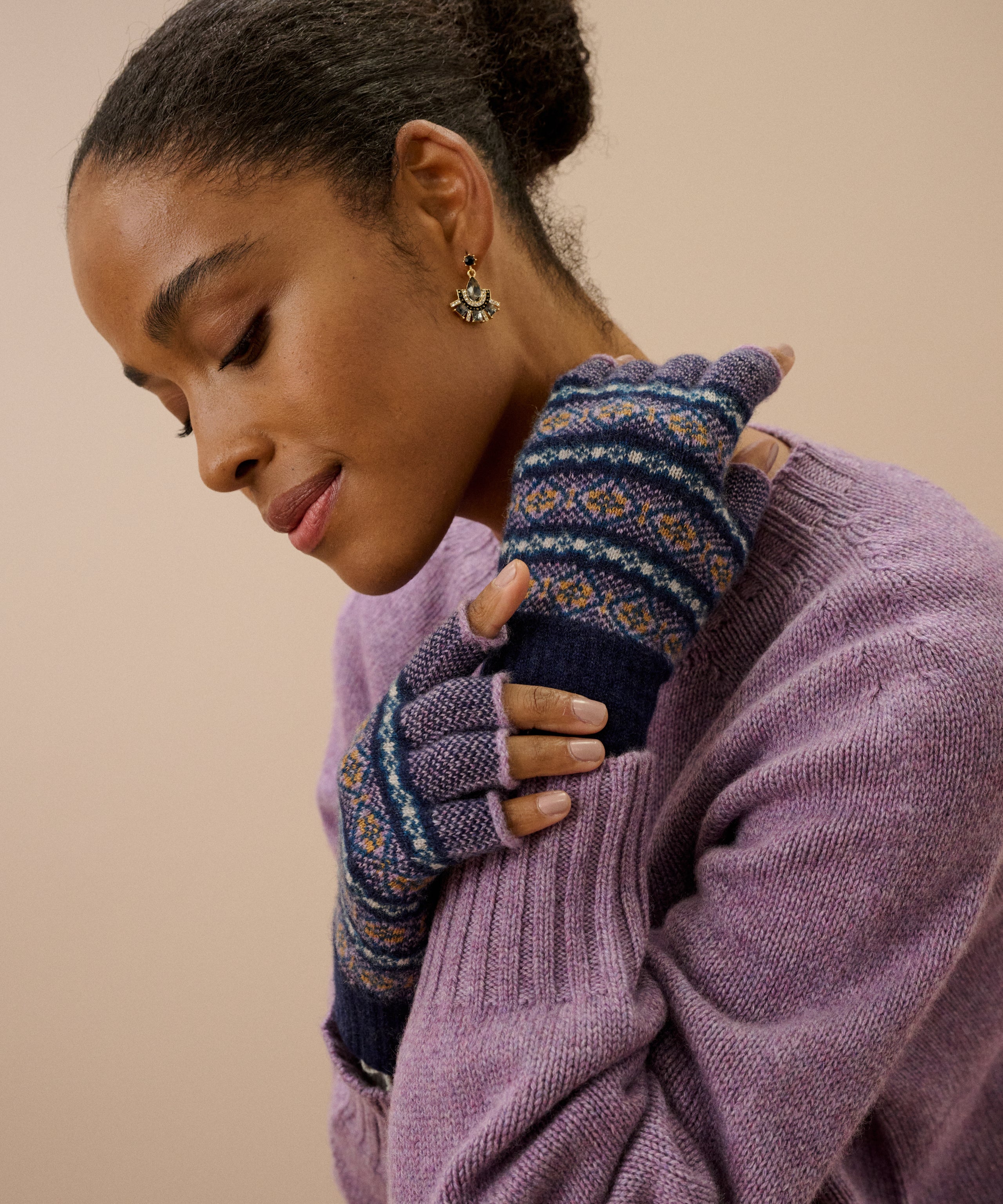 Women's Cashmere Folk Fingerless Gloves