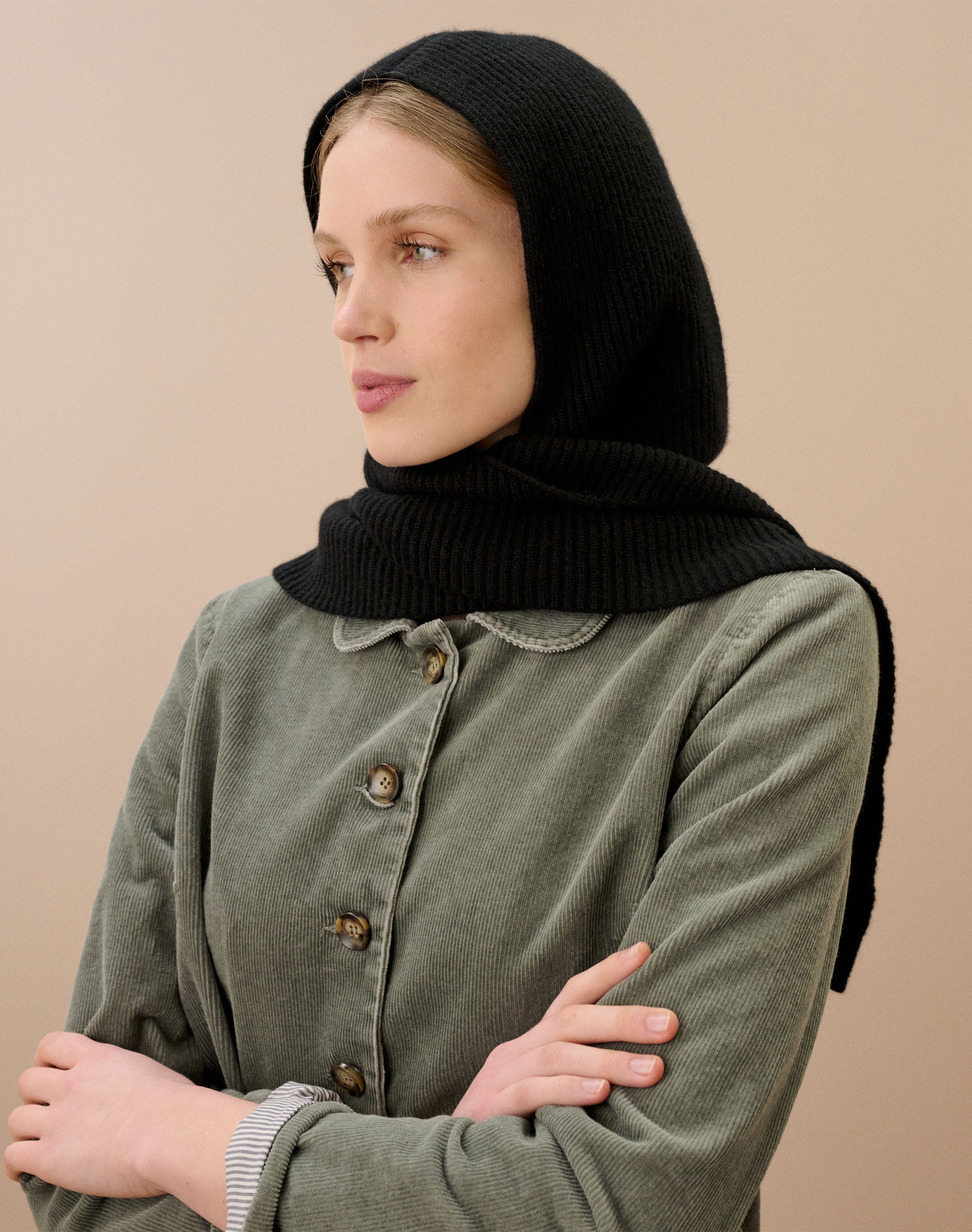 Cashmere Ribbed Hooded Scarf