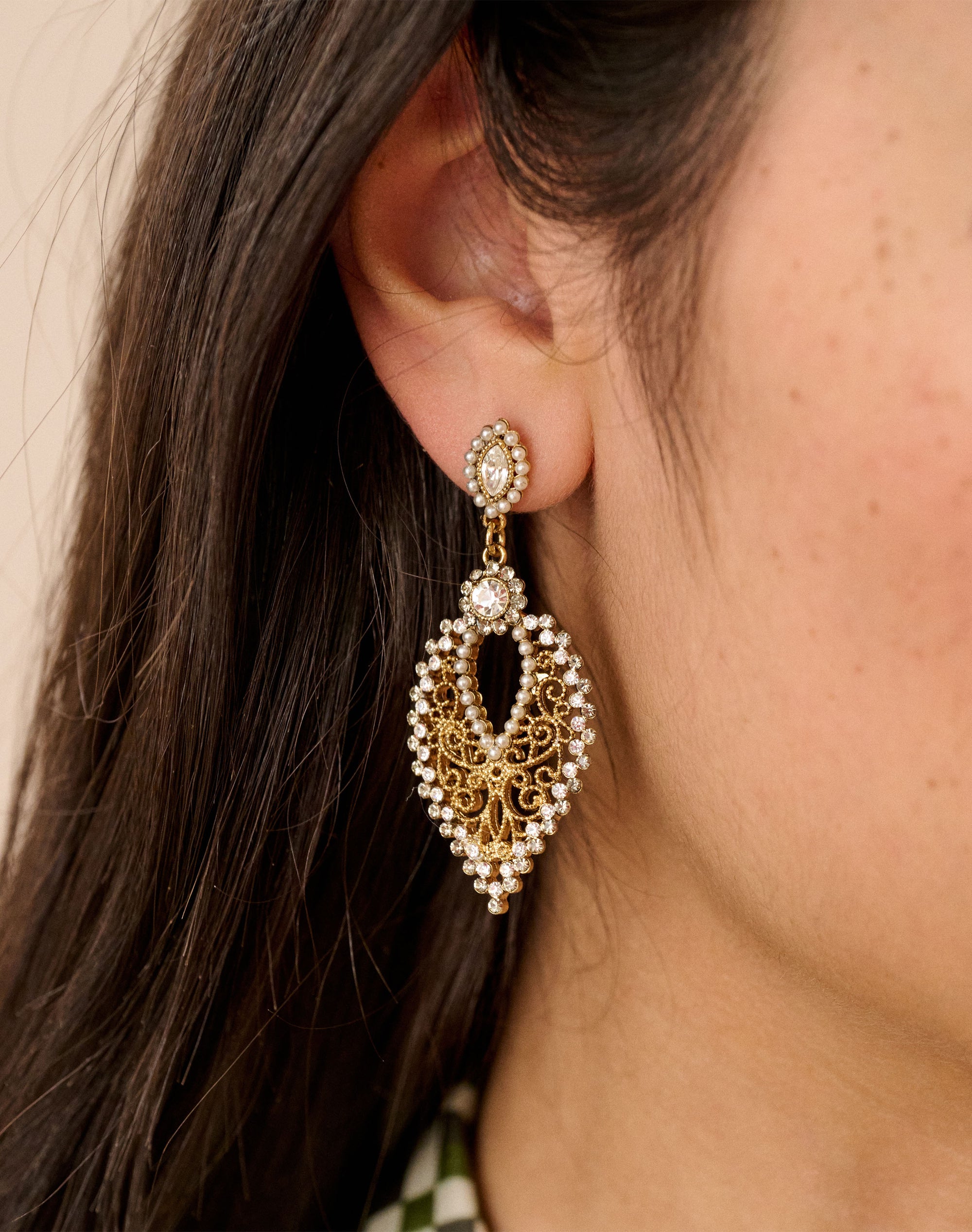 Crystal & Pearl Filigree Drop Earrings