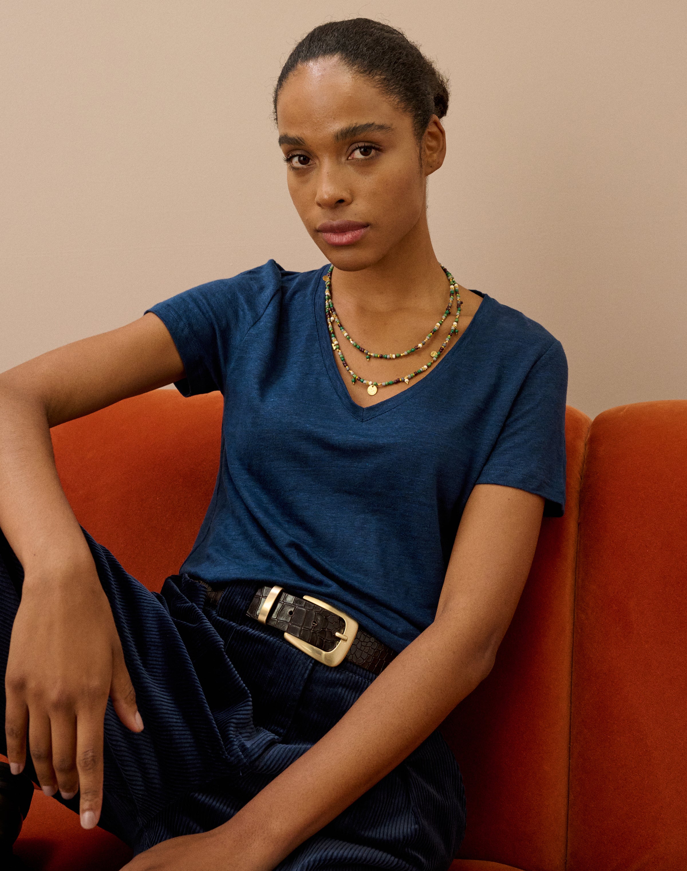 Linen Knit V Neck T-Shirt