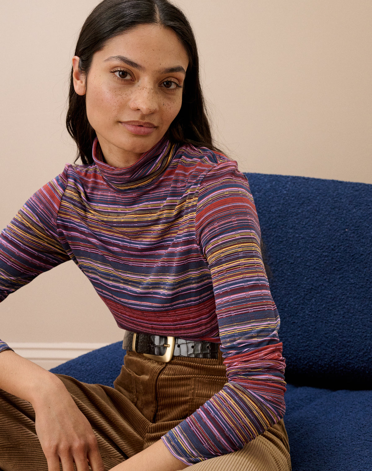 Fine Stripe Jersey Polo Neck