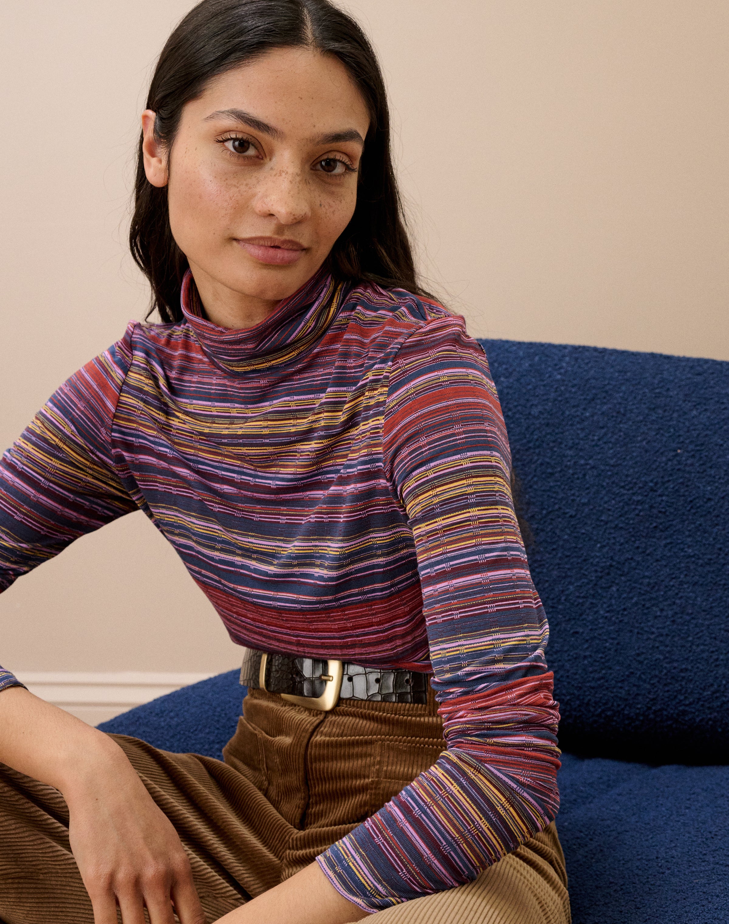 Fine Stripe Jersey Polo Neck