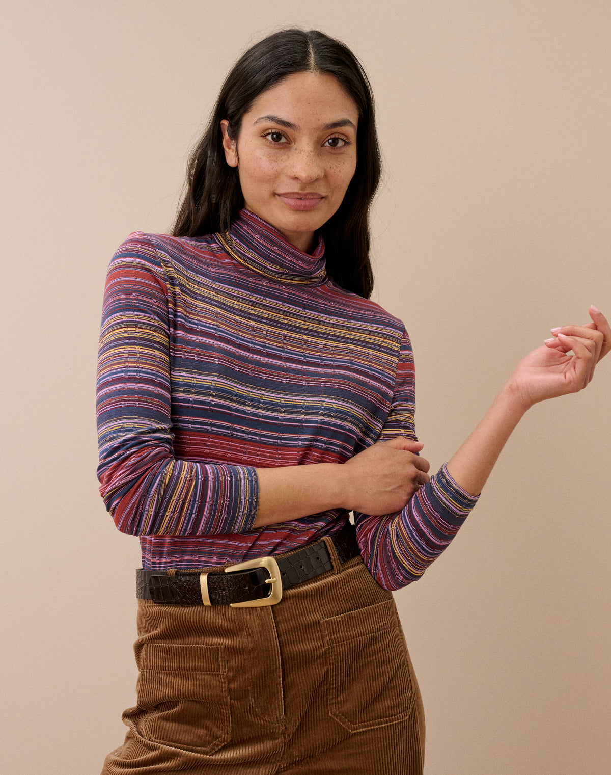 Fine Stripe Jersey Polo Neck