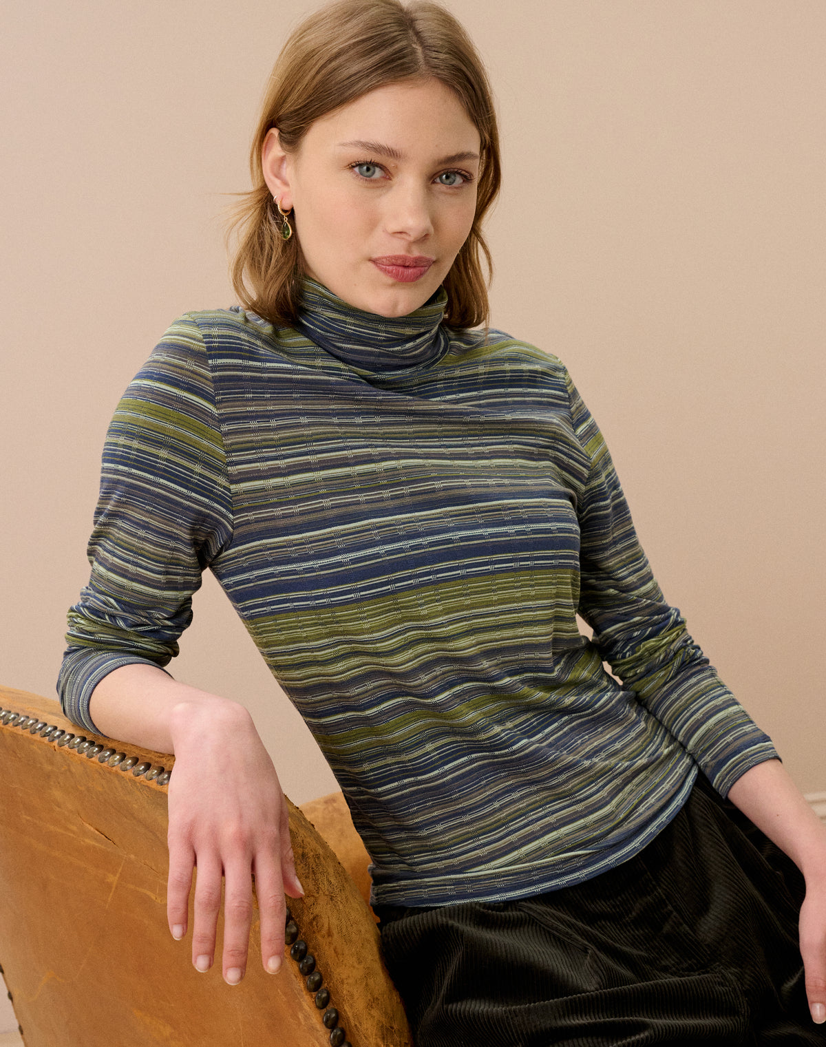 Fine Stripe Jersey Polo Neck