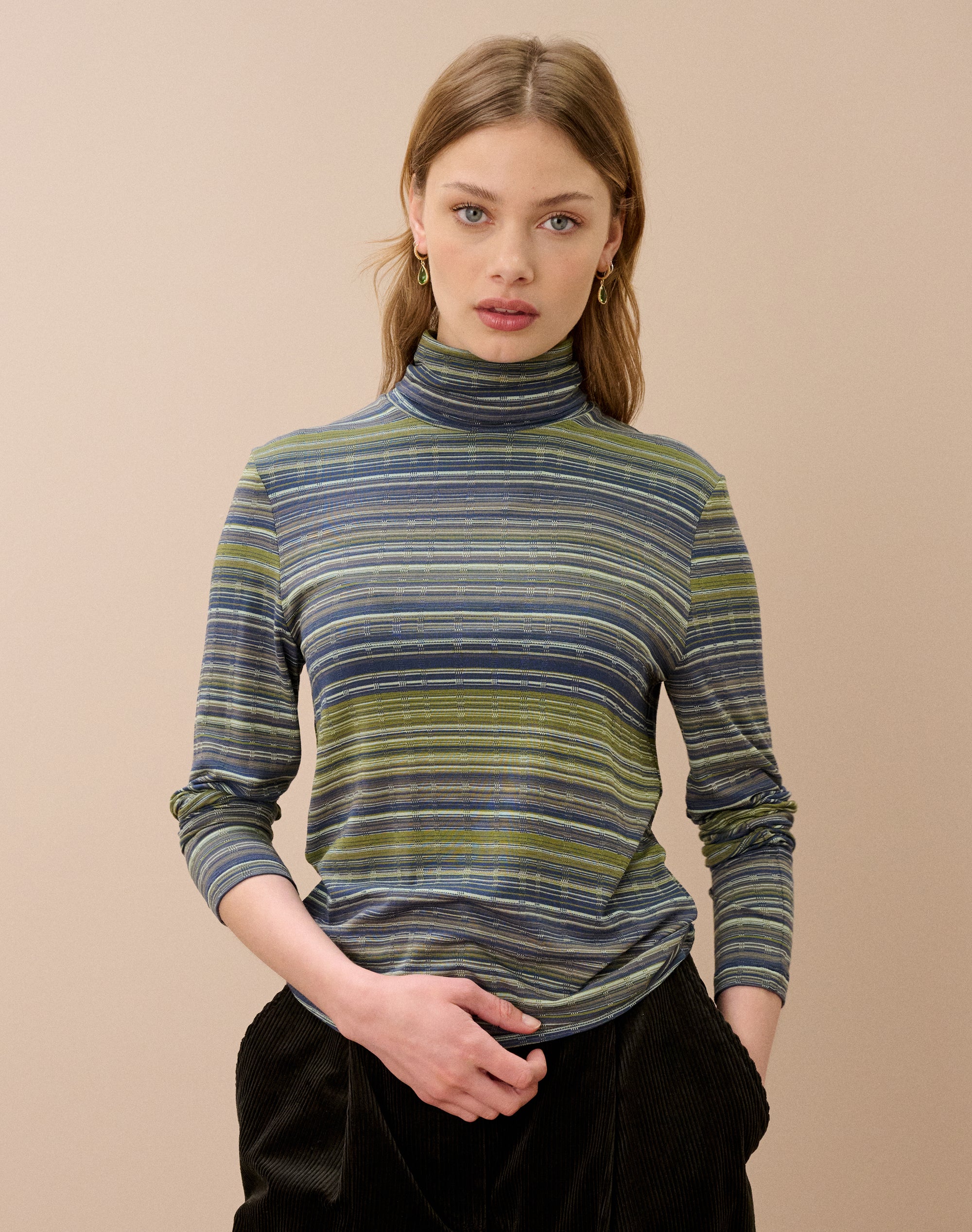 Fine Stripe Jersey Polo Neck