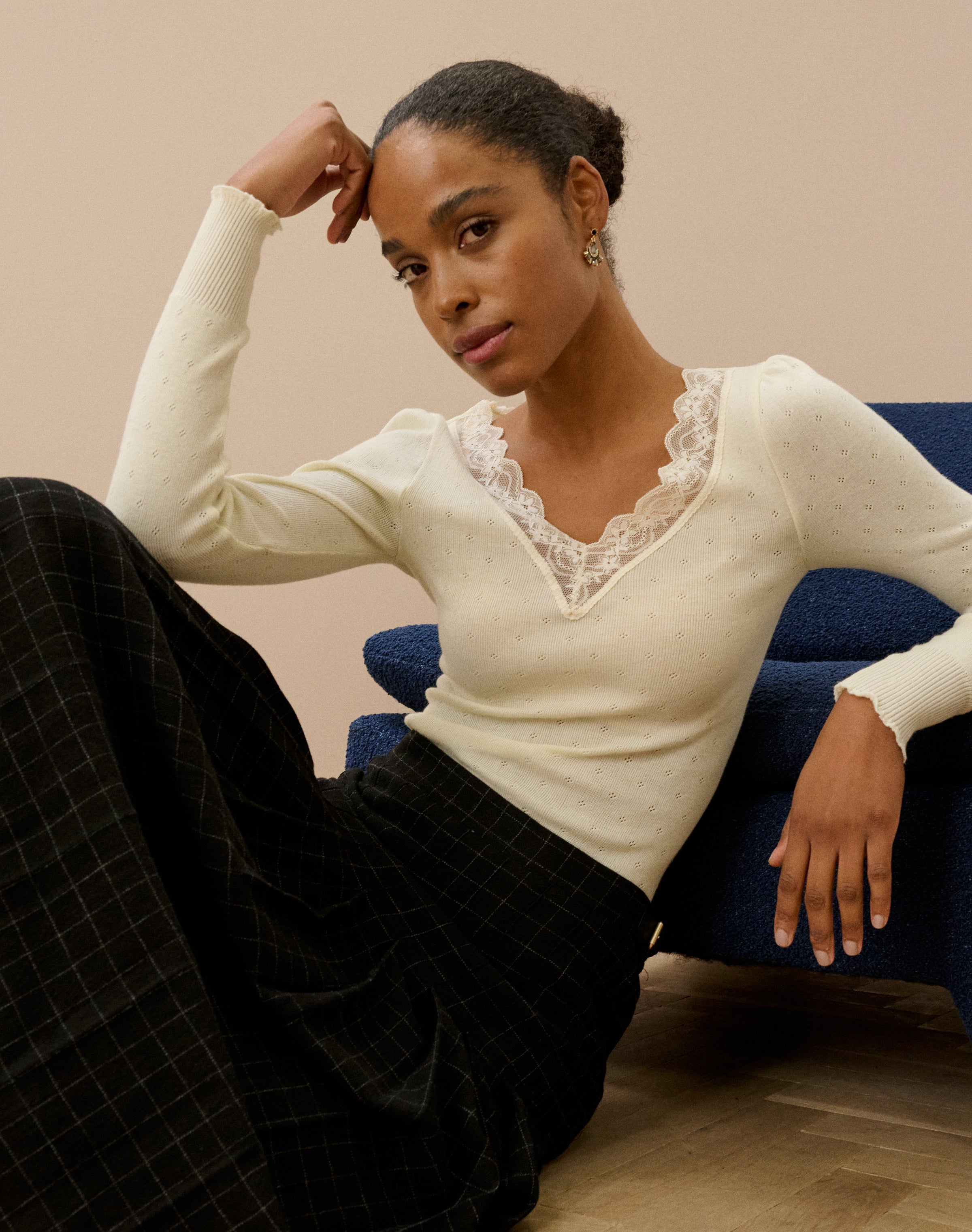 Lace Trim V Neck Top