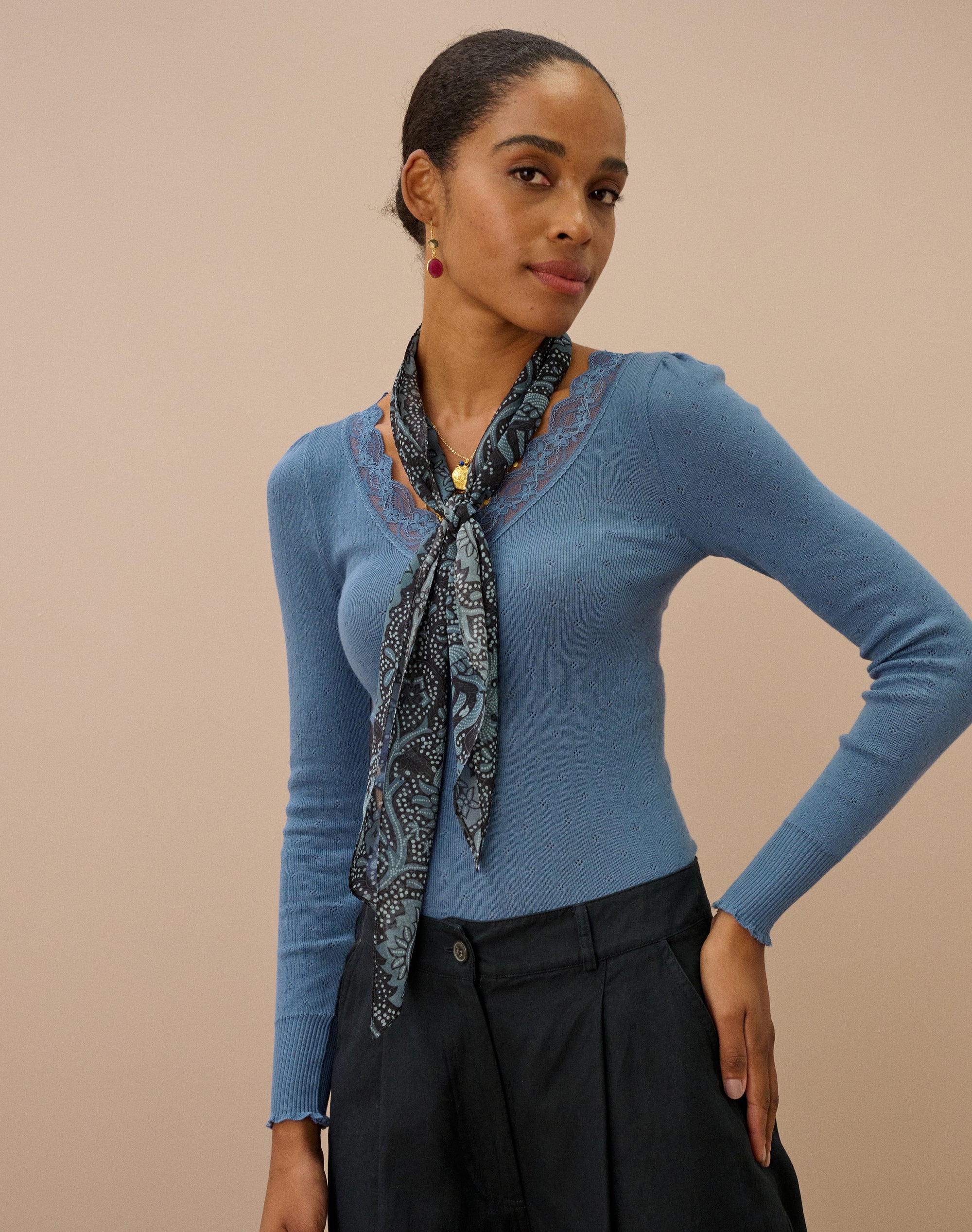 Lace Trim V Neck Top