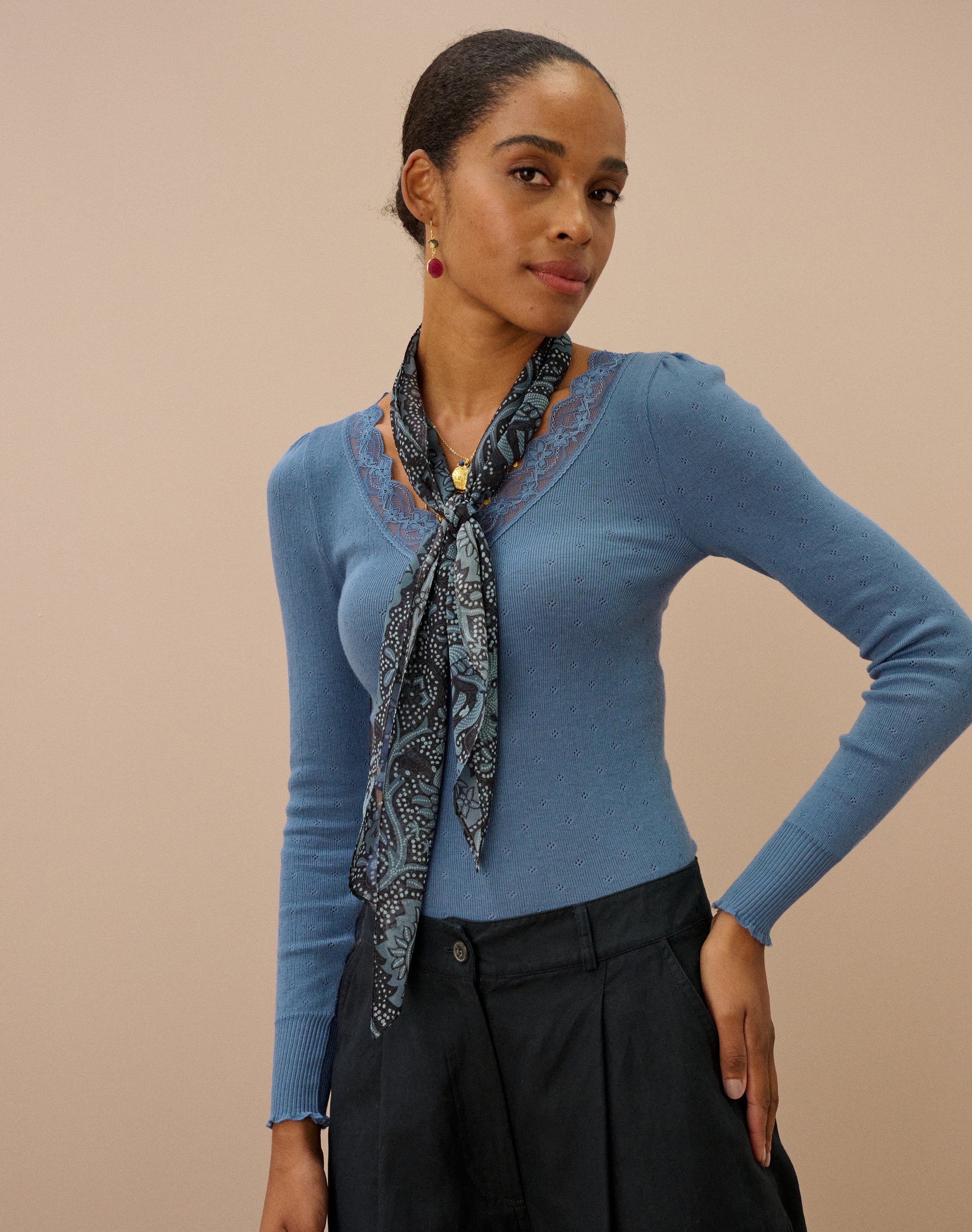Lace Trim V Neck Top