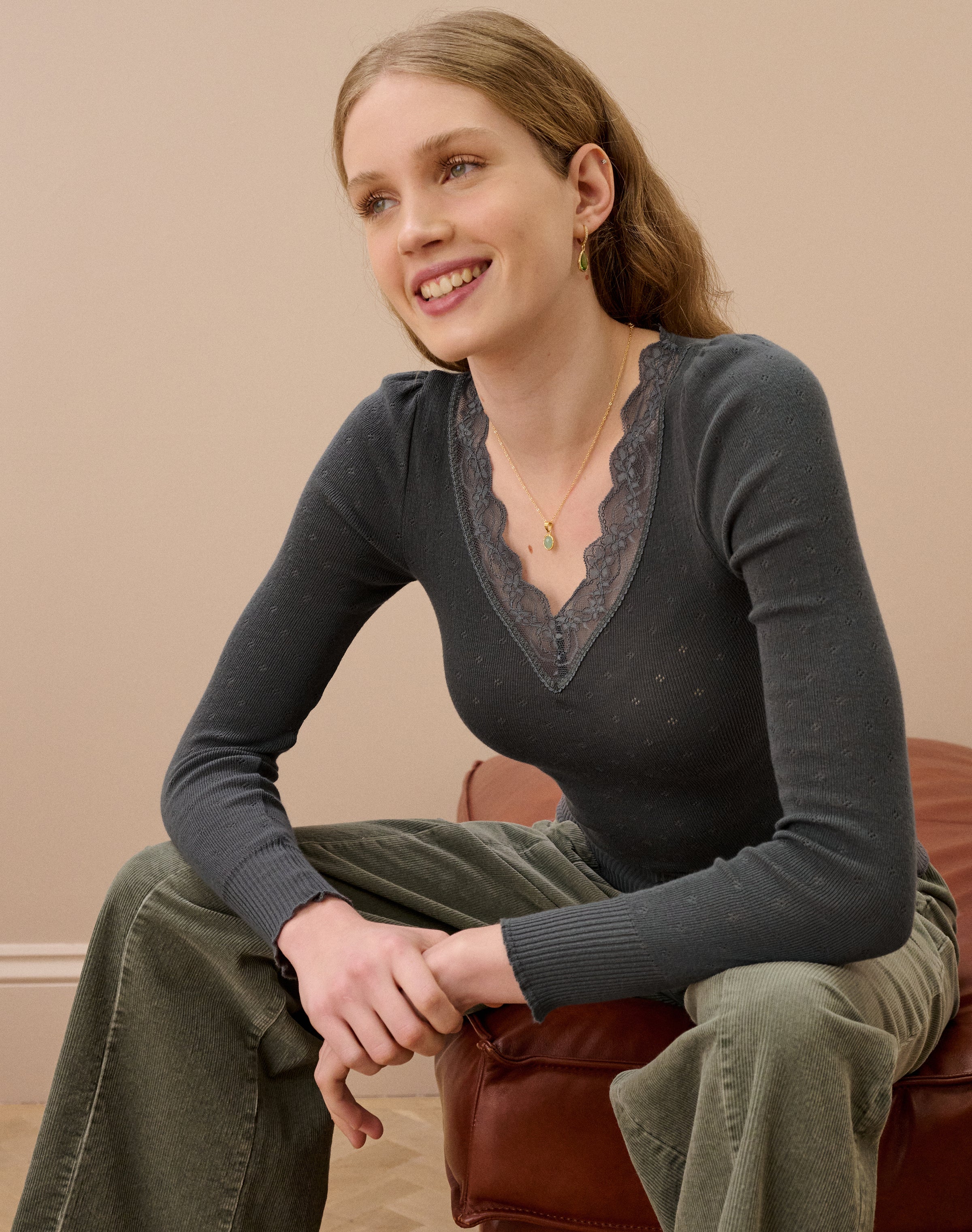 Lace Trim V Neck Top