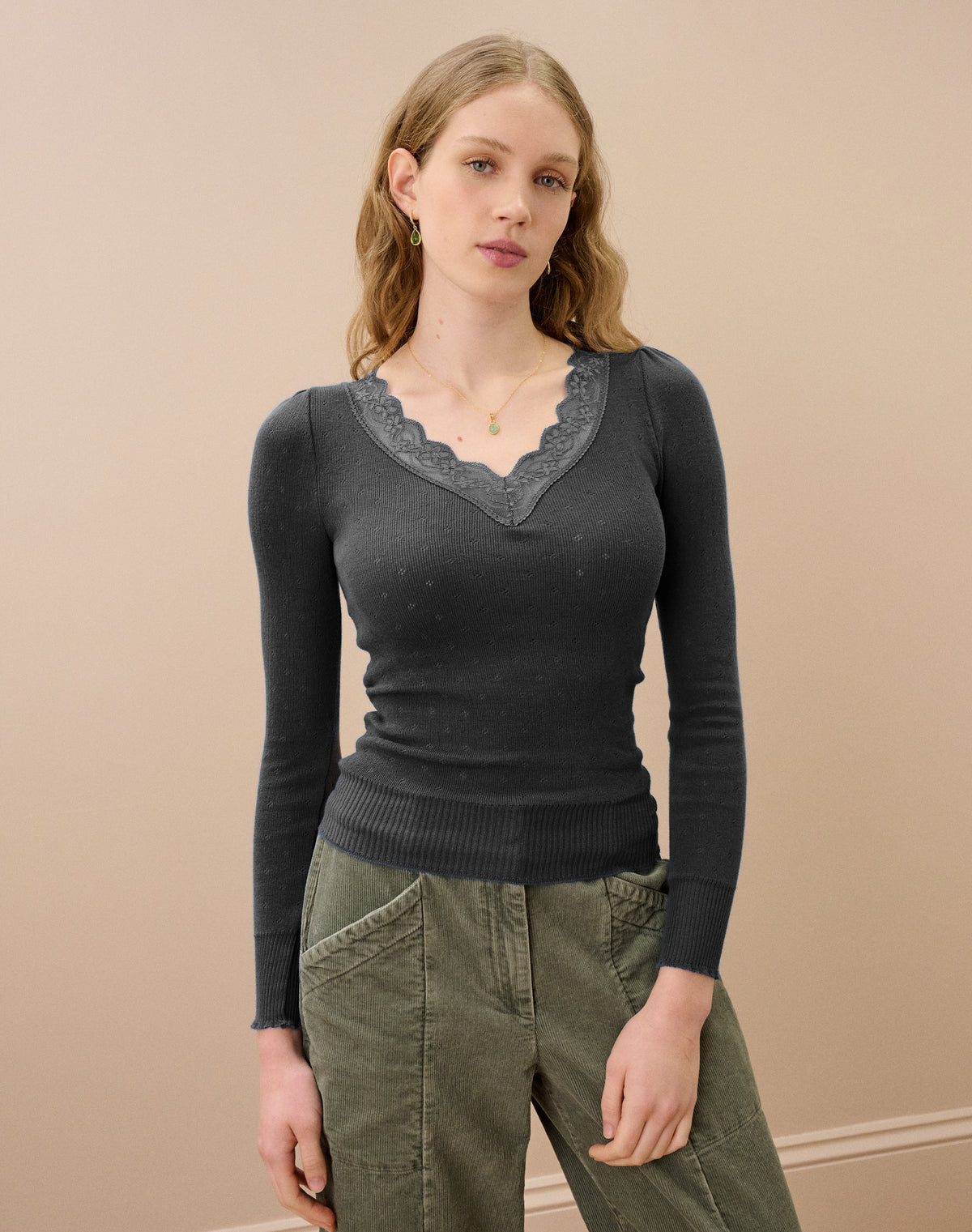 Lace Trim V Neck Top
