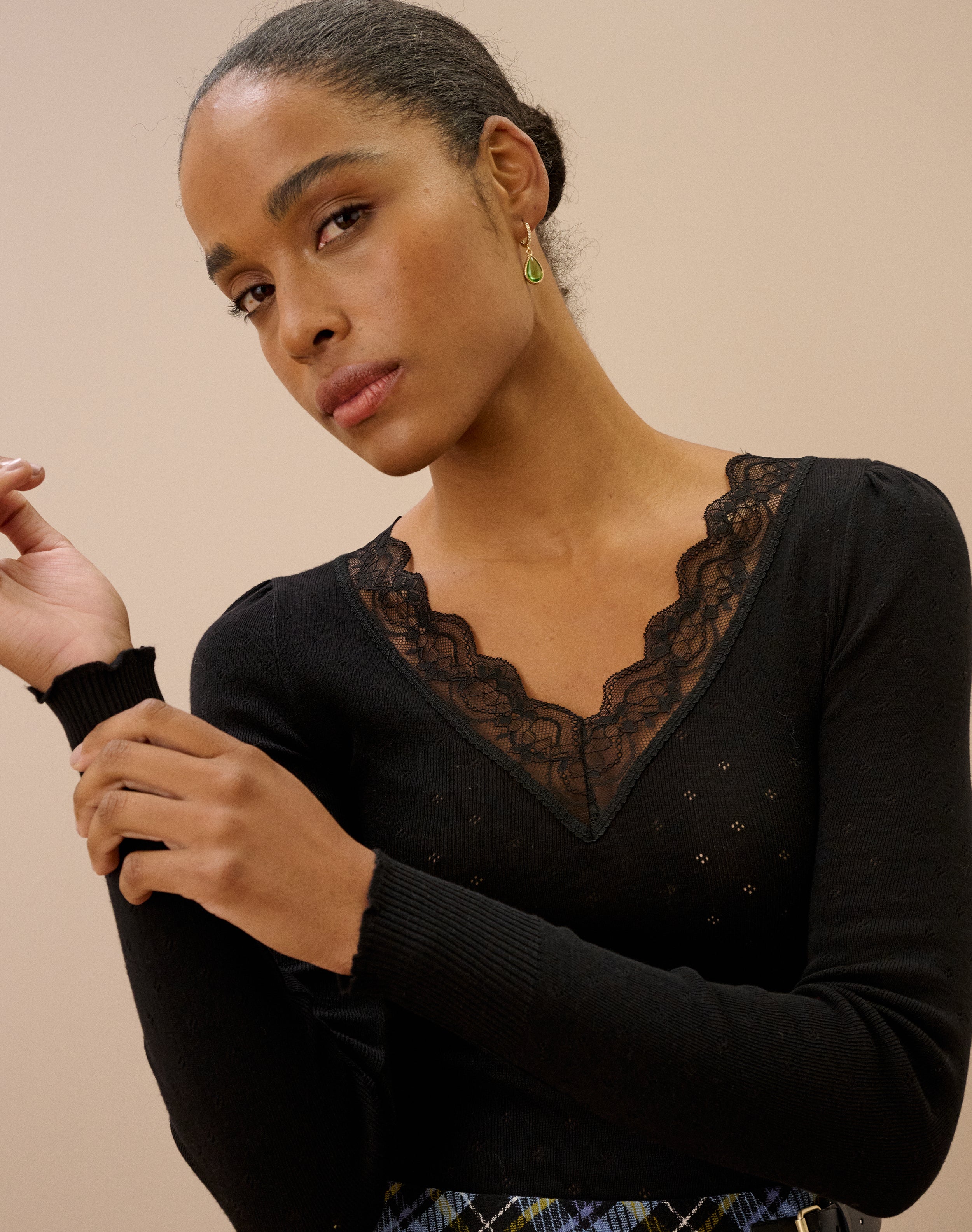 Lace Trim V Neck Top