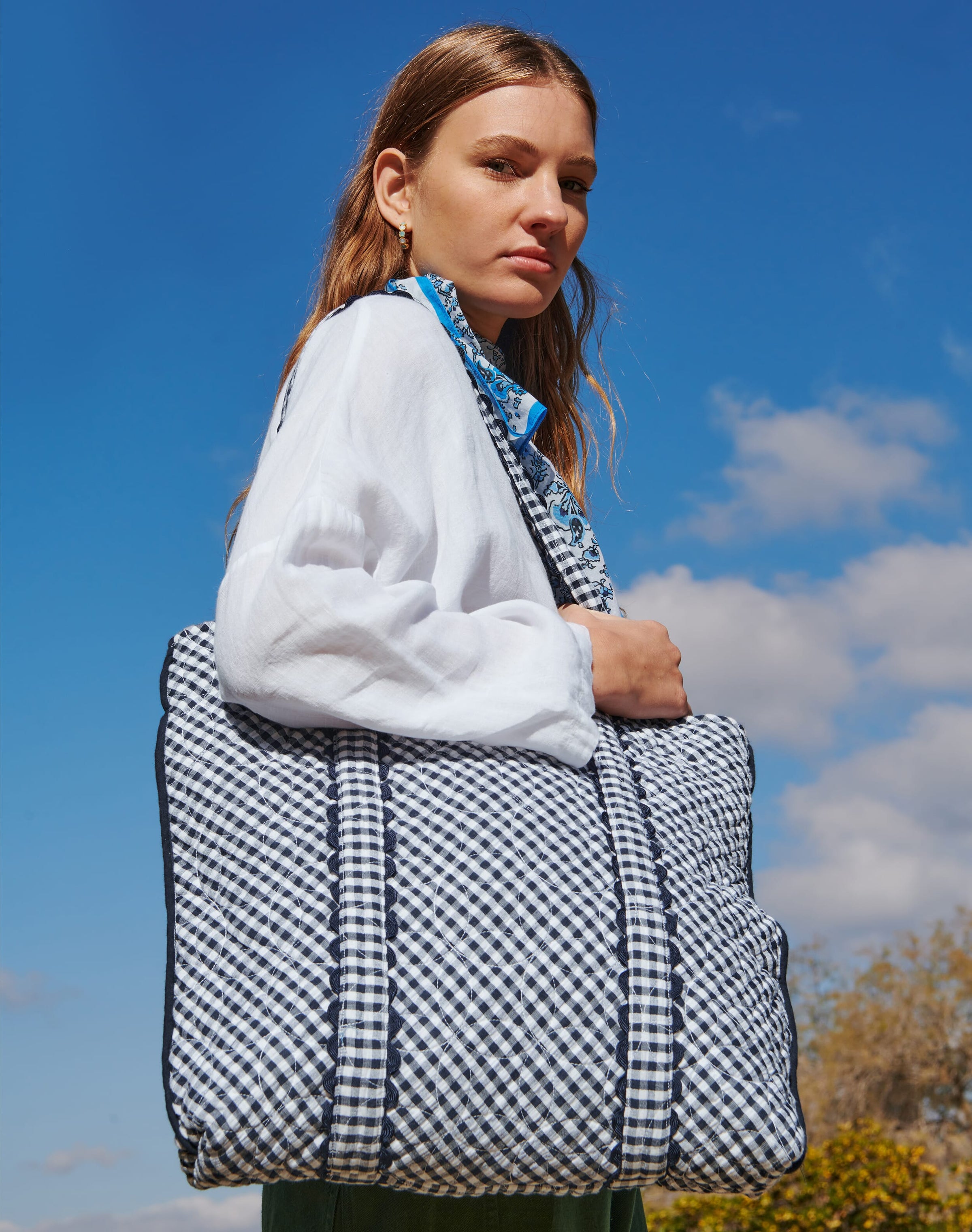 Cotton Gingham Quilted Tote Bag