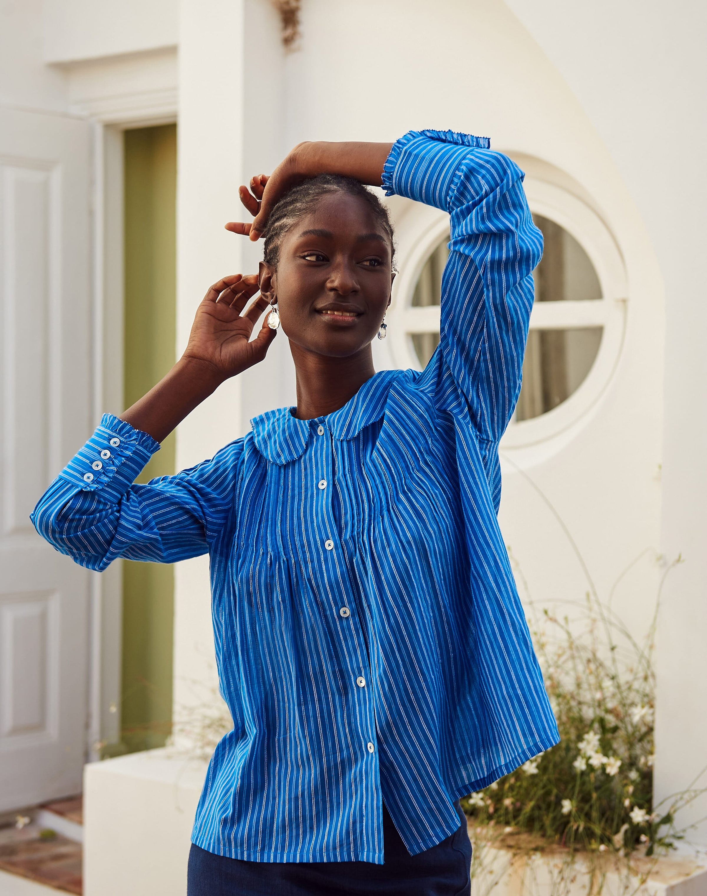 Cotton Stripe Pintuck Blouse