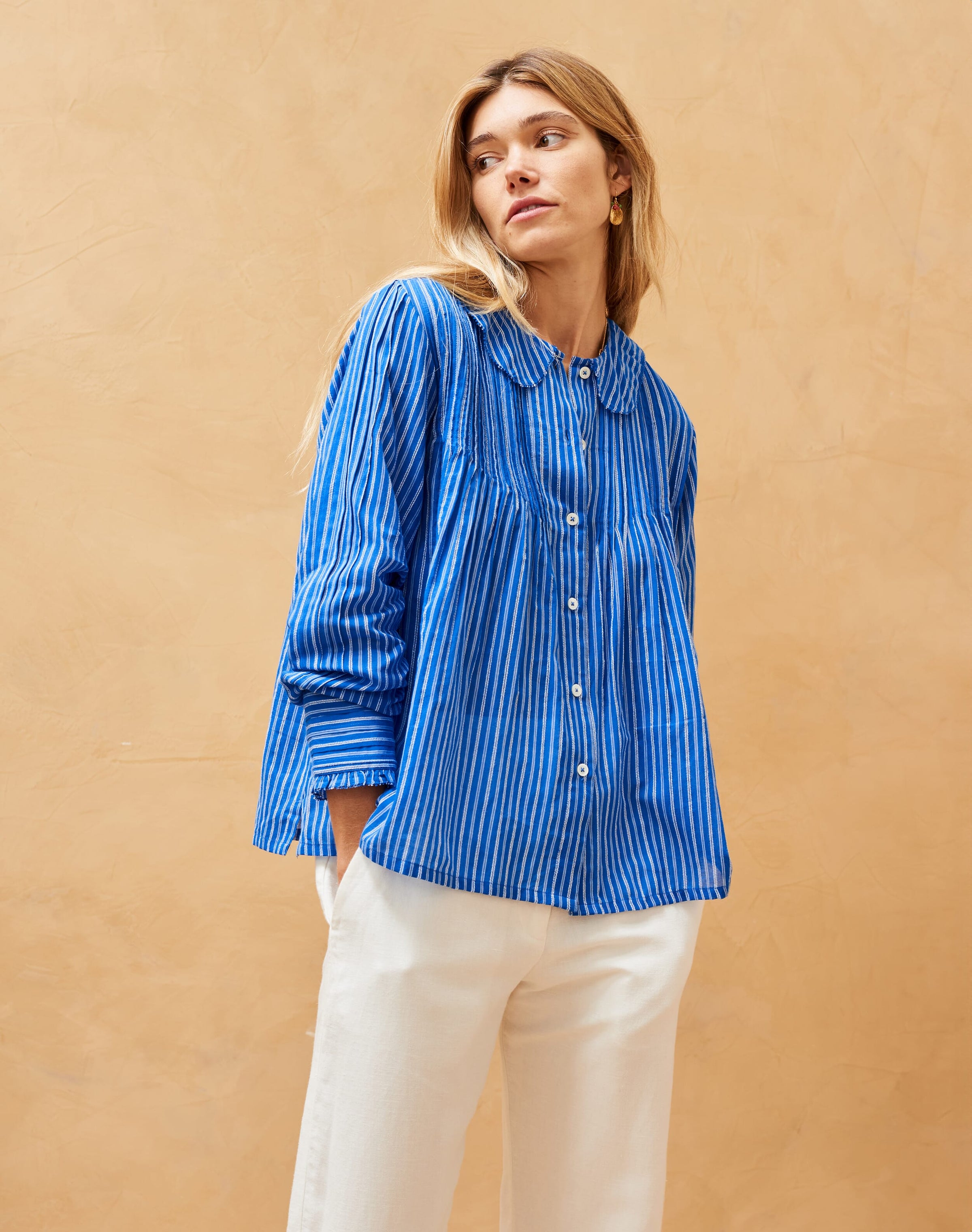 Cotton Stripe Pintuck Blouse