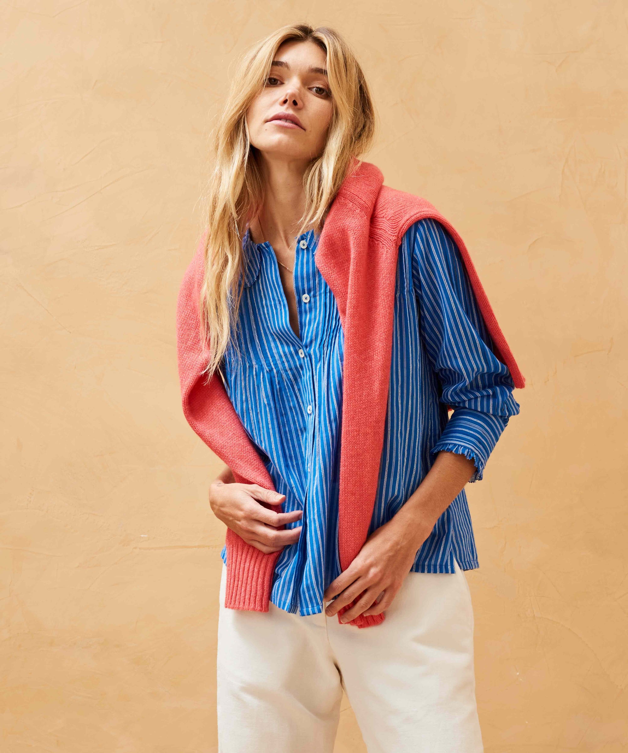 Cotton Stripe Pintuck Blouse