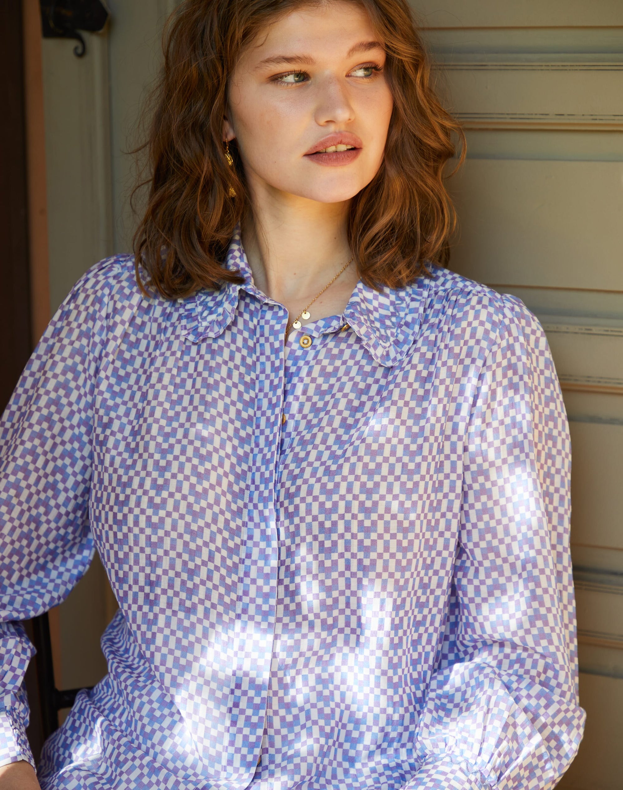 Silk Cotton Checkerboard Print Shirt