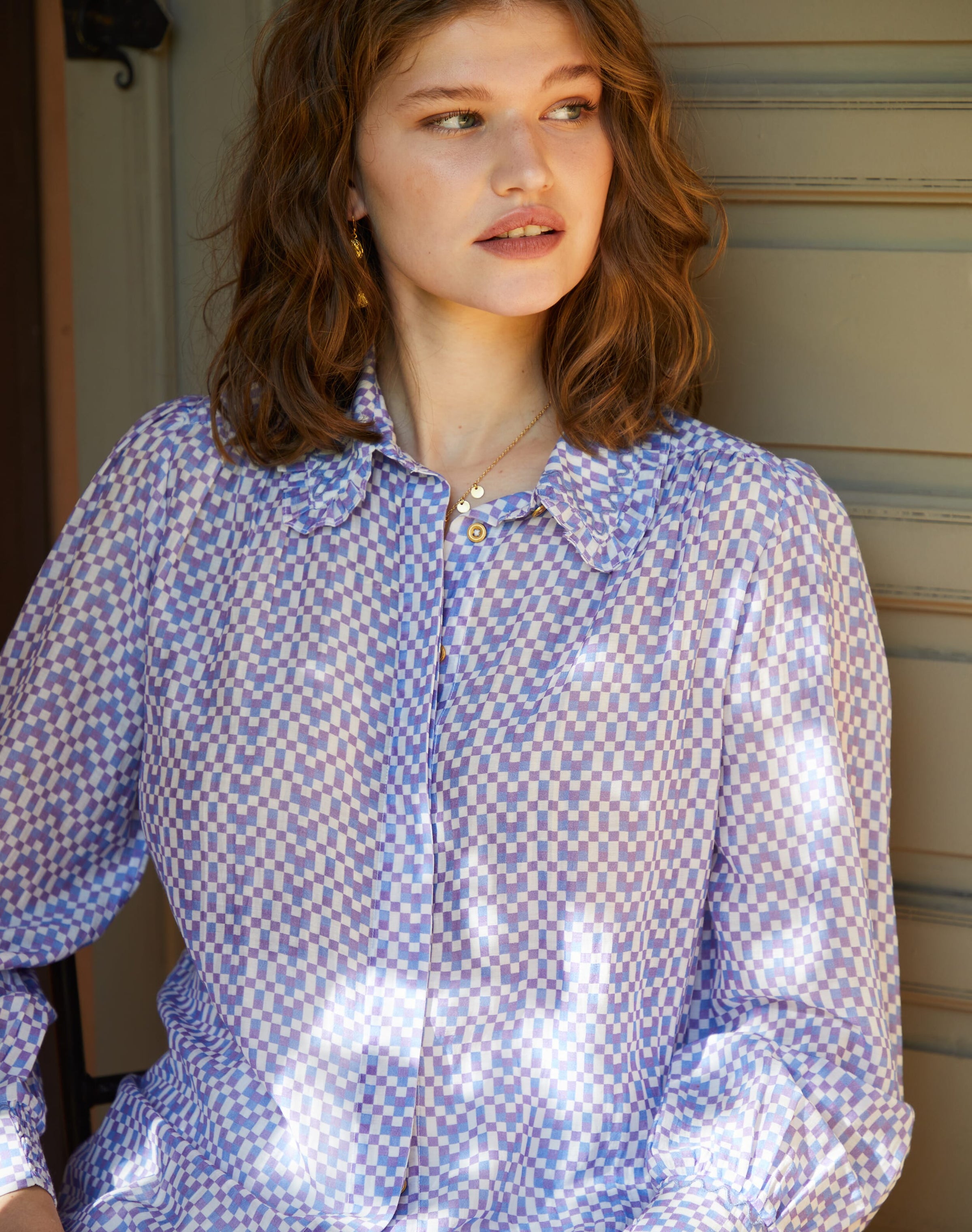 Silk Cotton Checkerboard Print Shirt