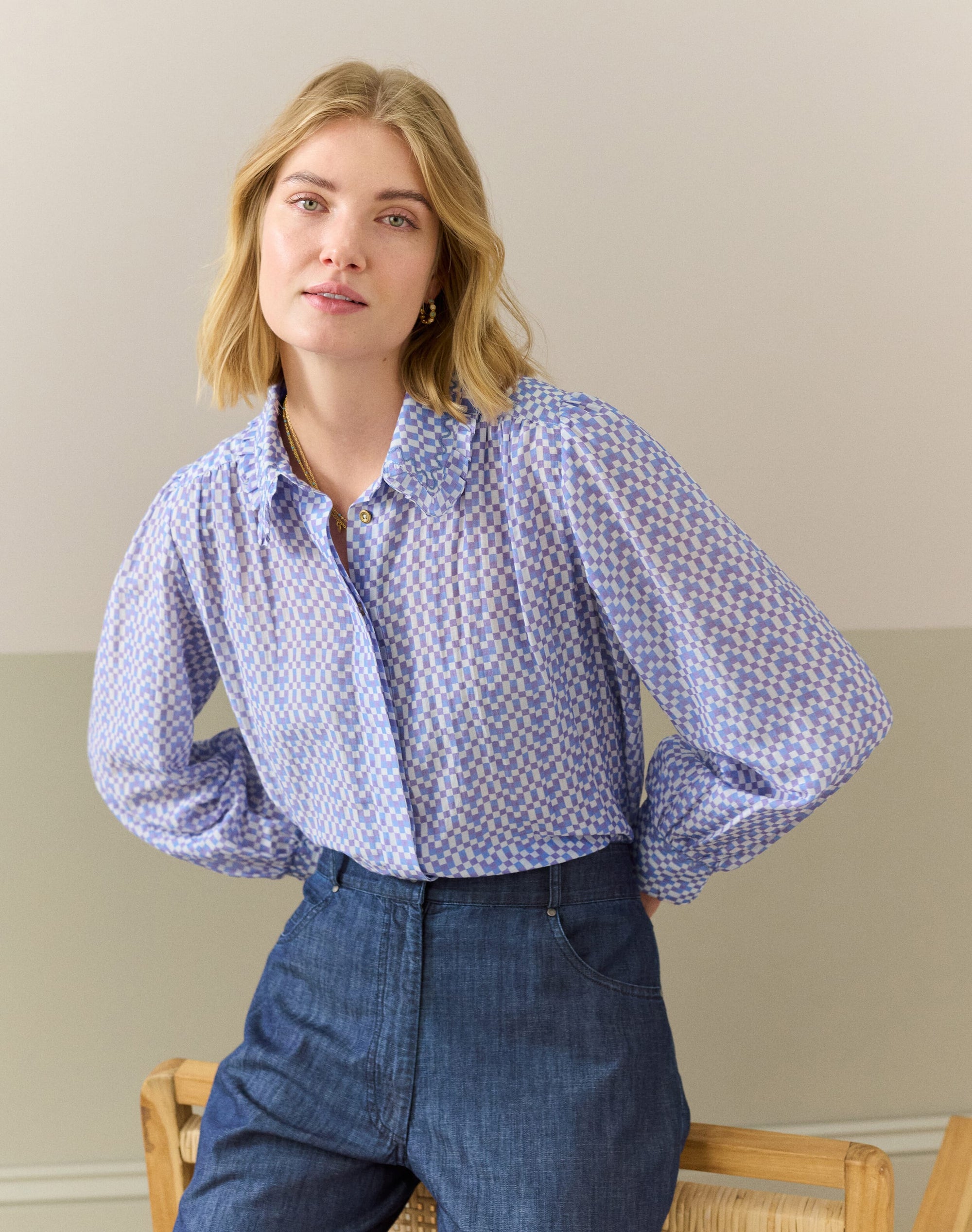 Silk Cotton Checkerboard Print Shirt