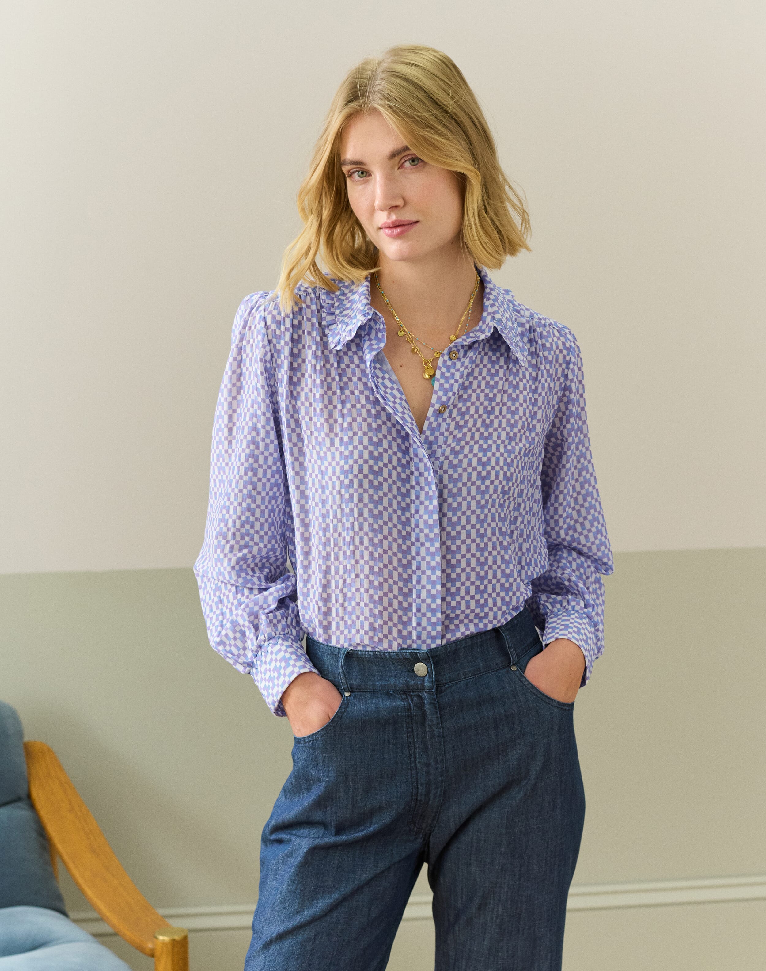 Silk Cotton Checkerboard Print Shirt